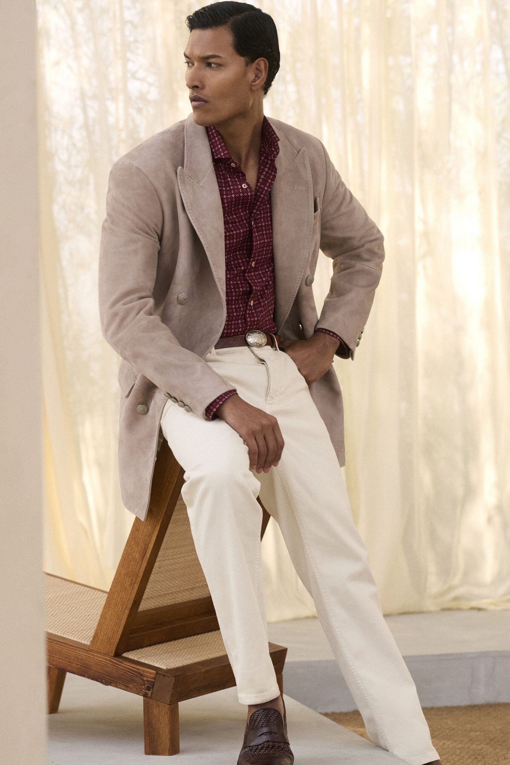 beige suede long-sleeve collared structured longline buttoned jacket