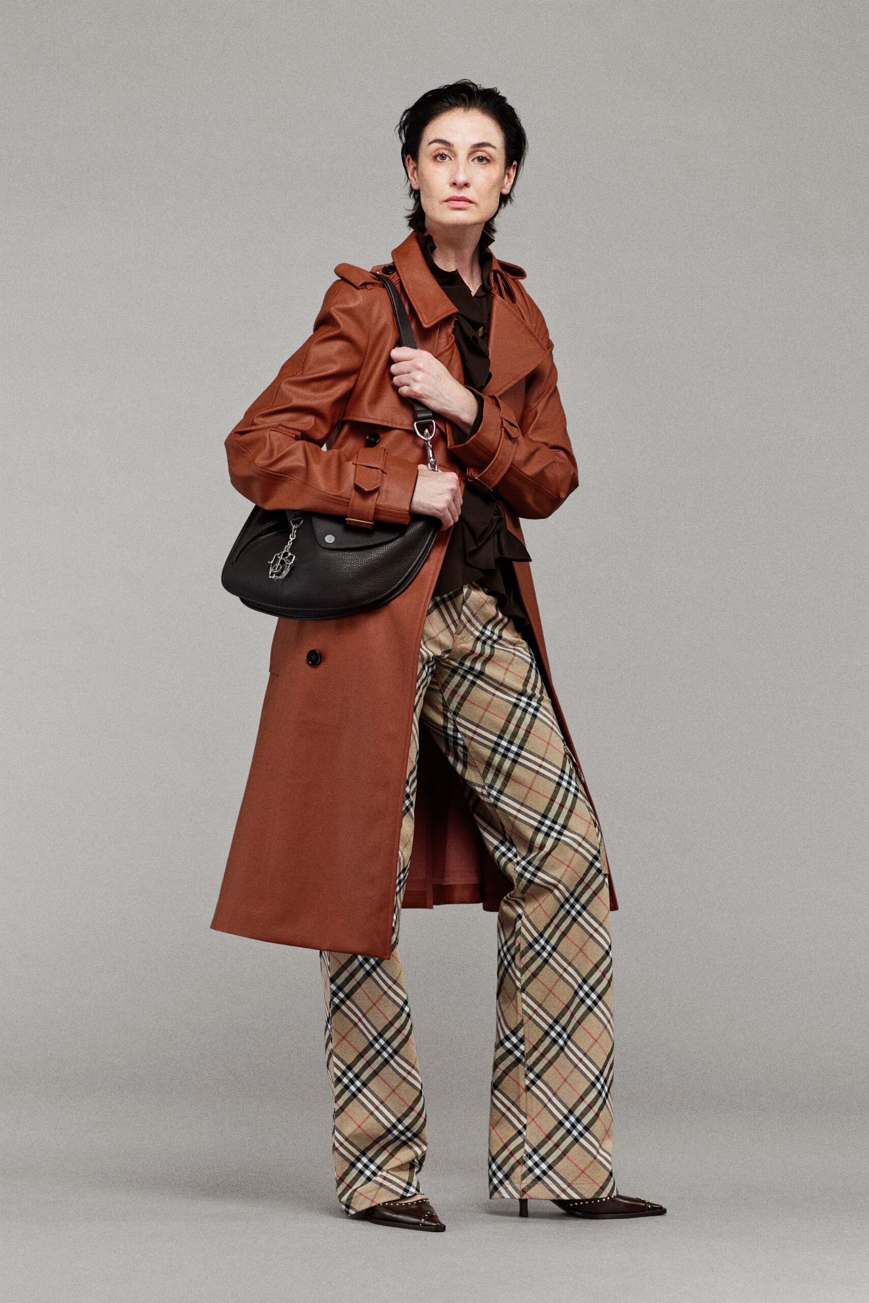 brown leather long-sleeve collared fitted buttoned trench