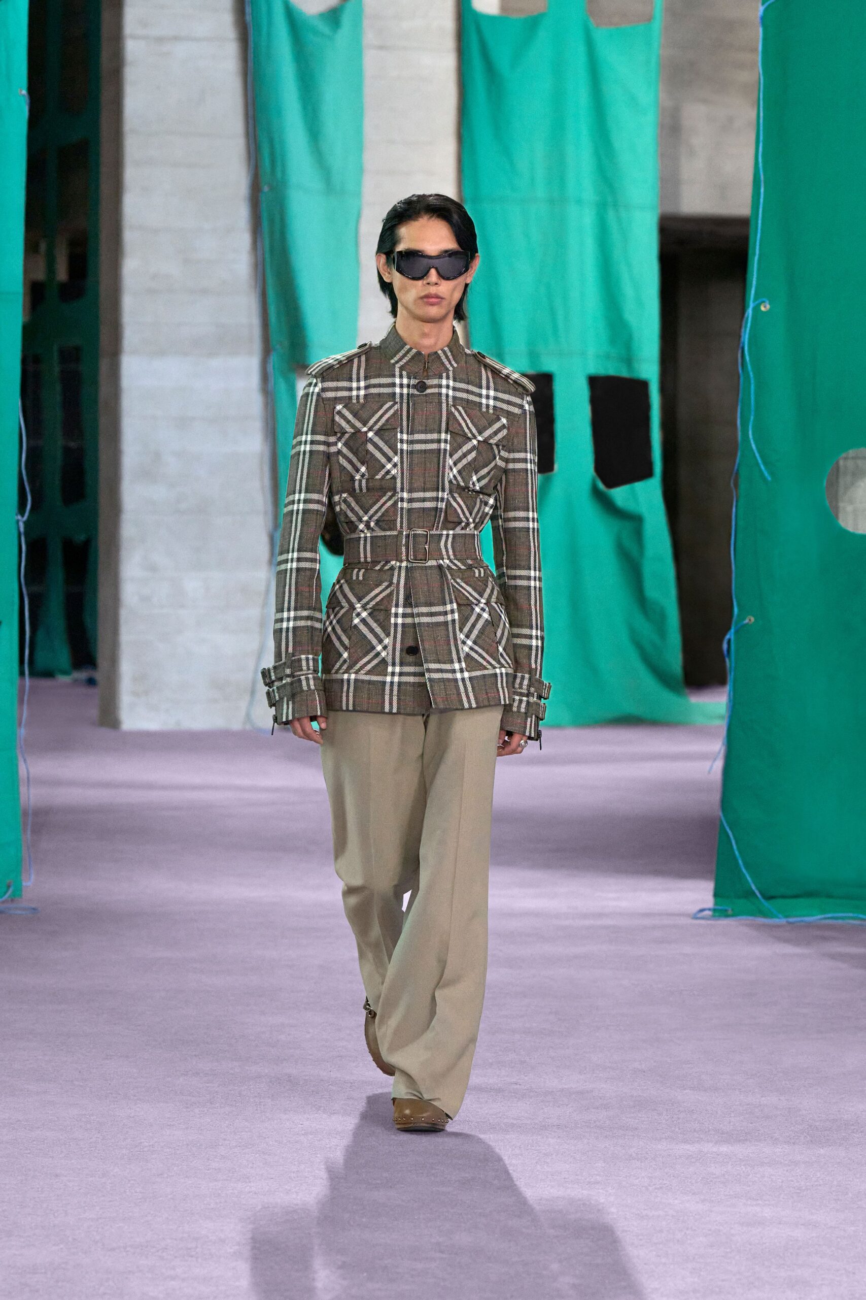 brown cotton long-sleeve collared tailored checked belted blazer