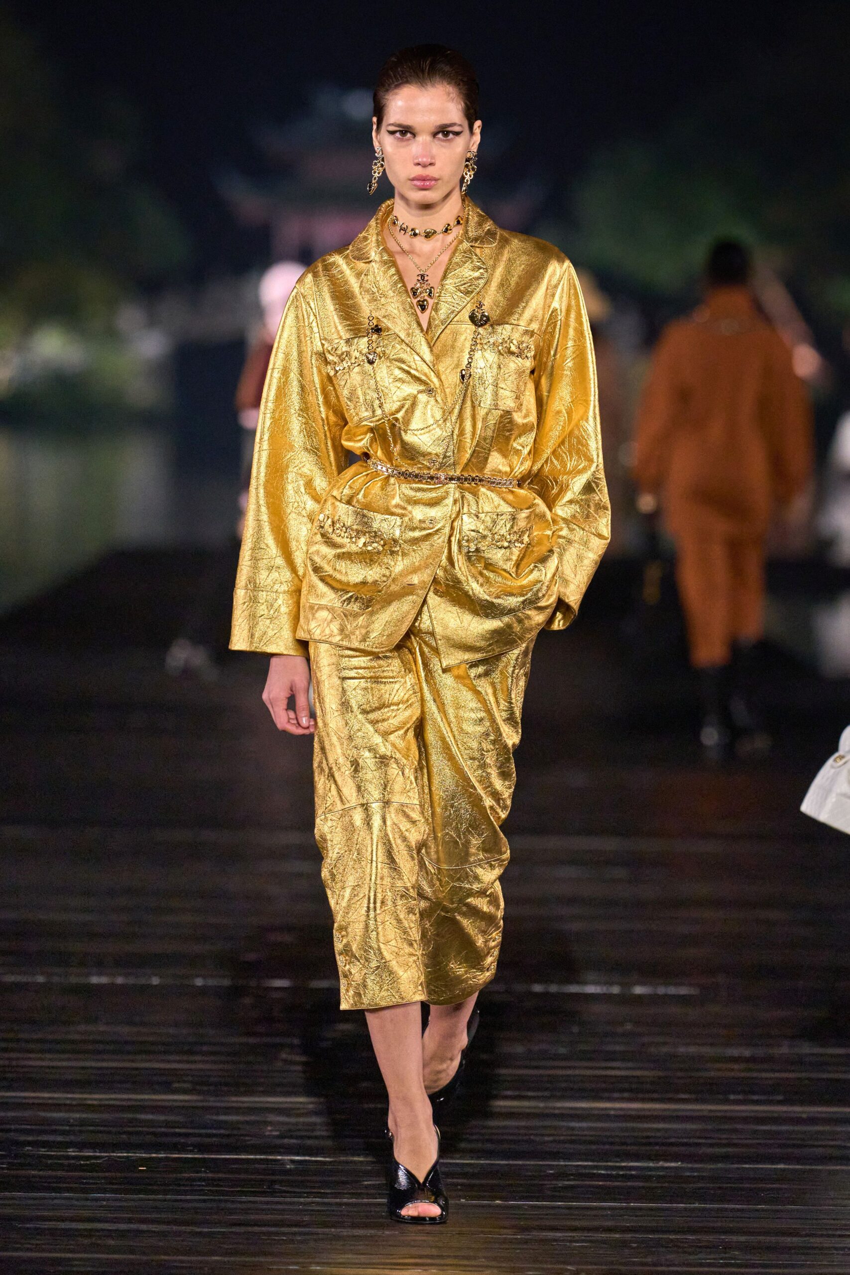 gold silk relaxed suit