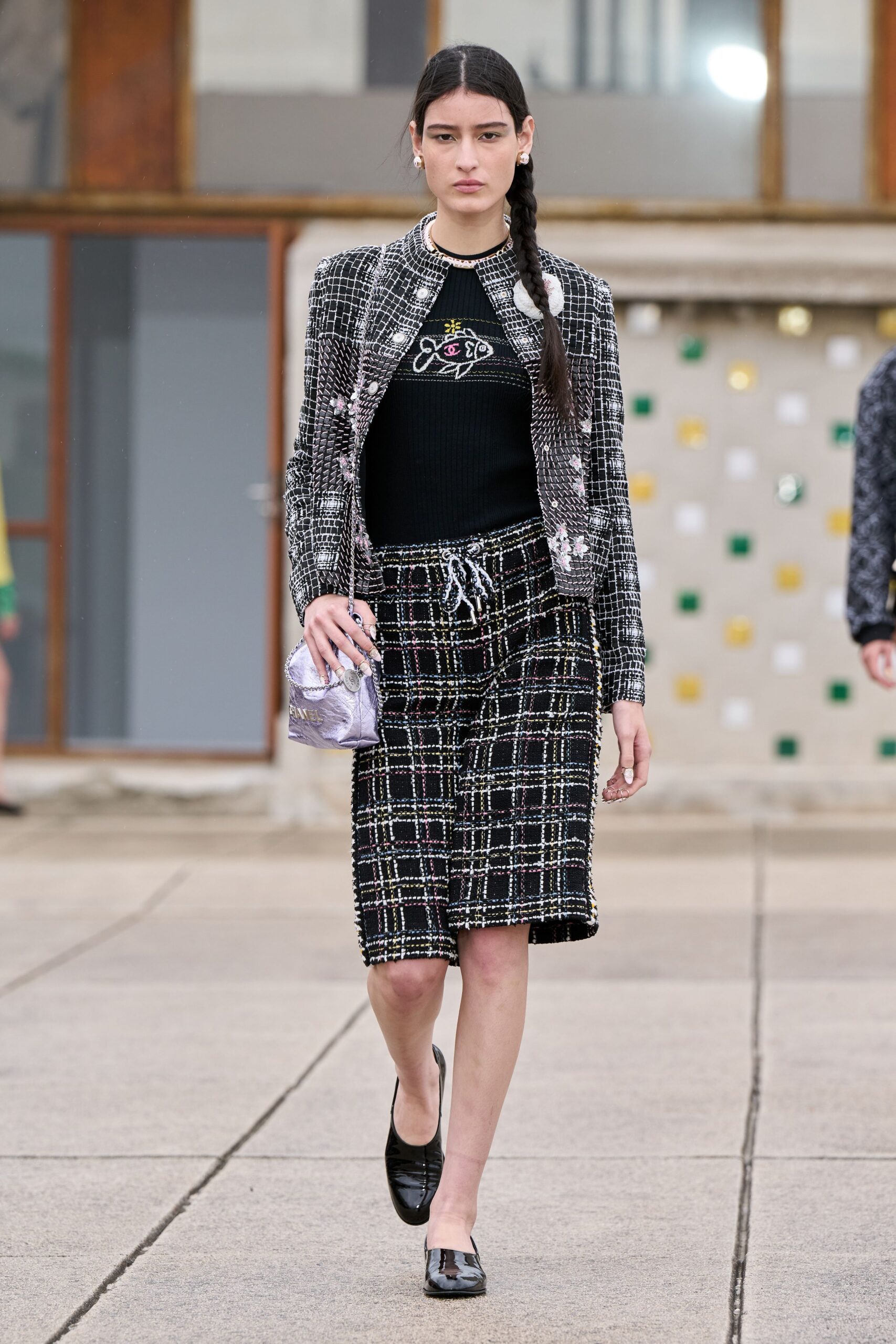 black tweed long-sleeve collared fitted buttoned layered jacket