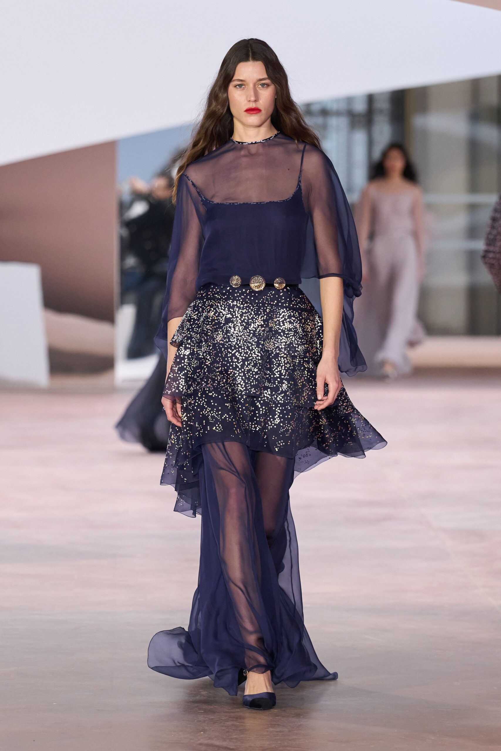 blue chiffon sleeveless high-neck fitted layered embellished gown