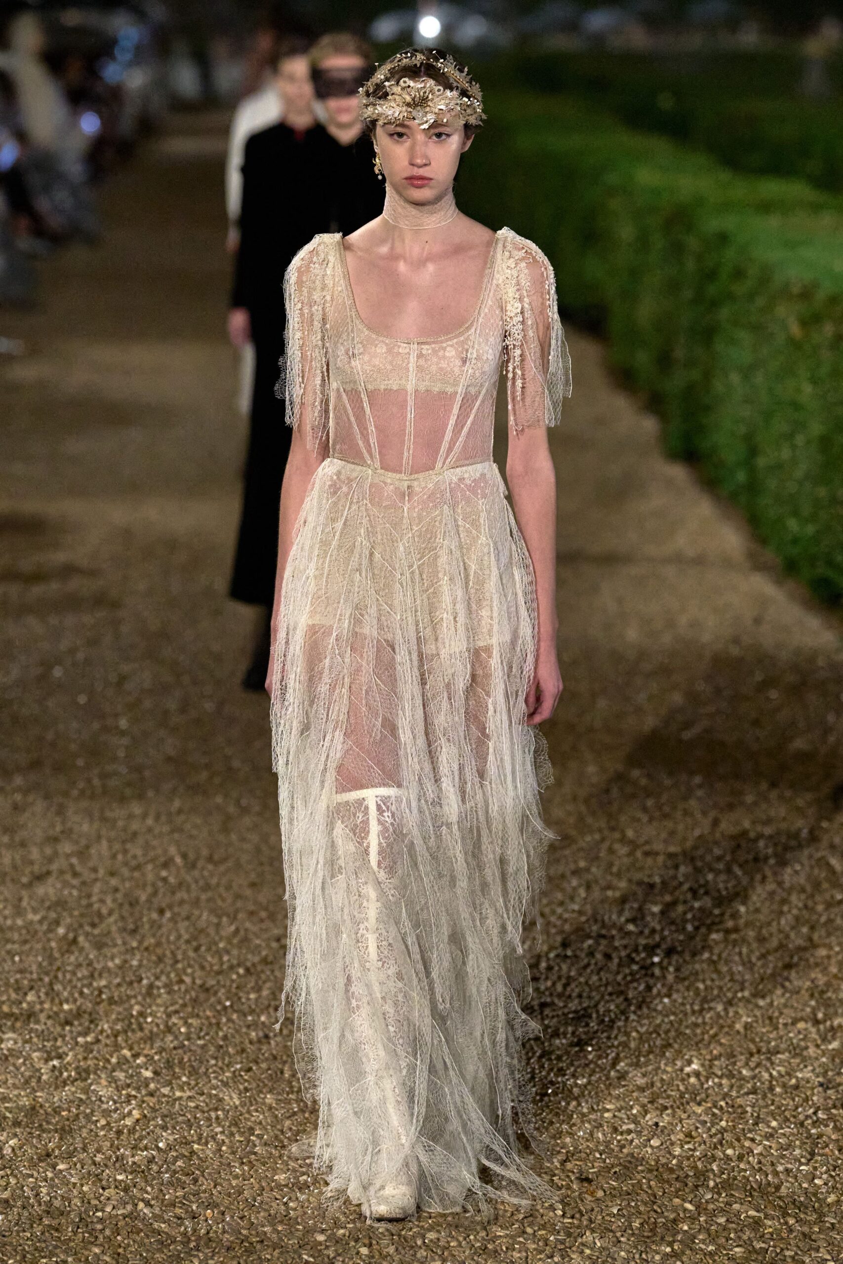 white sheer fringed gown