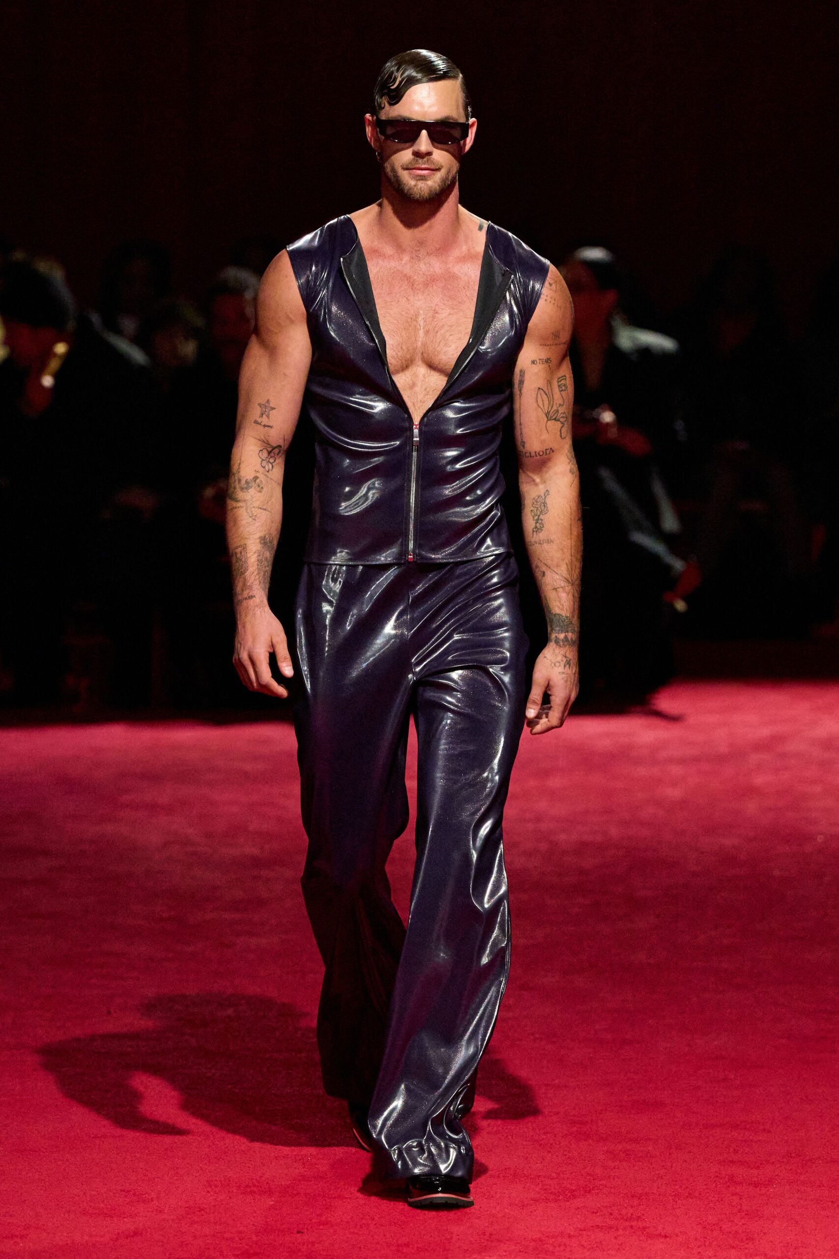 purple vinyl sleeveless v-neck fitted zippered catsuit