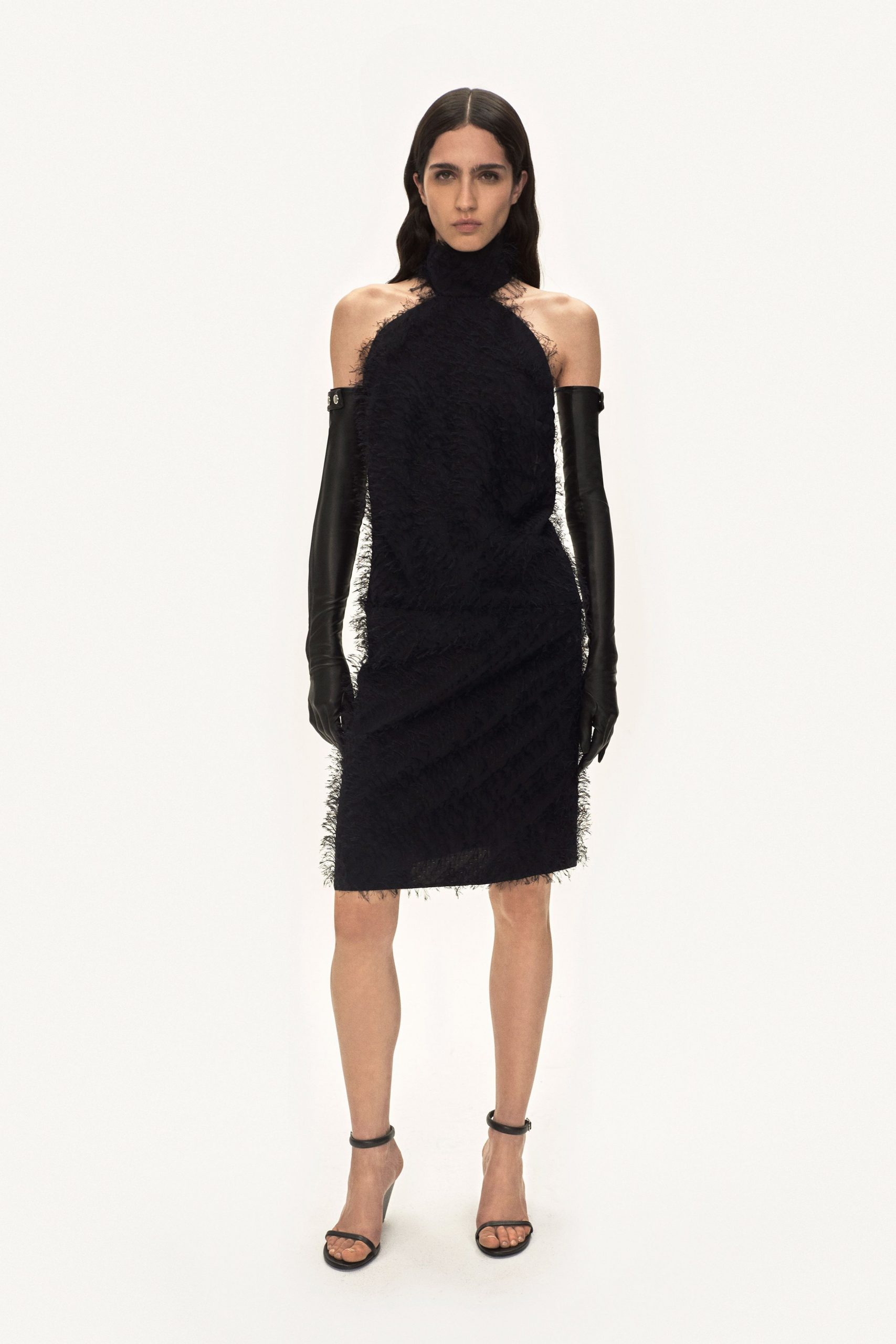 black fitted ruffled midi dress