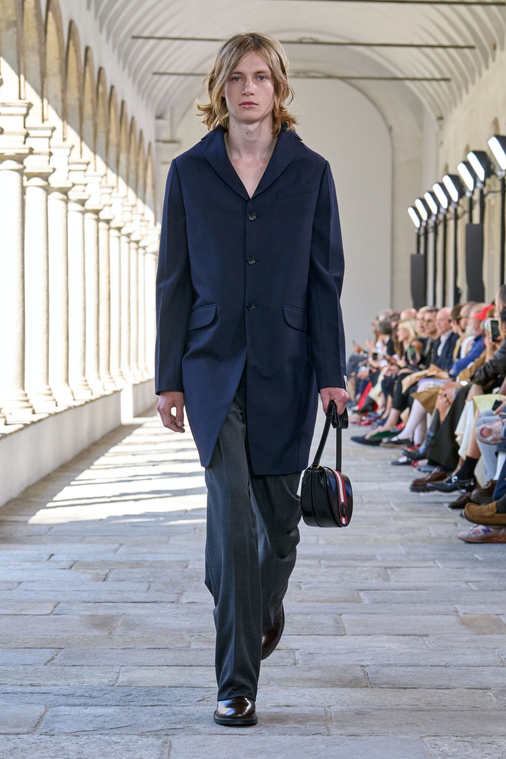 blue wool long-sleeve collared relaxed buttoned coat