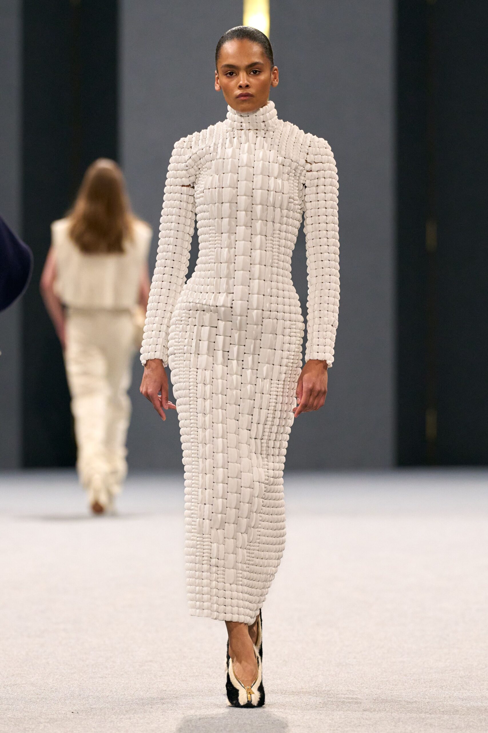 white silk long-sleeve high-neck fitted embellished textured gown