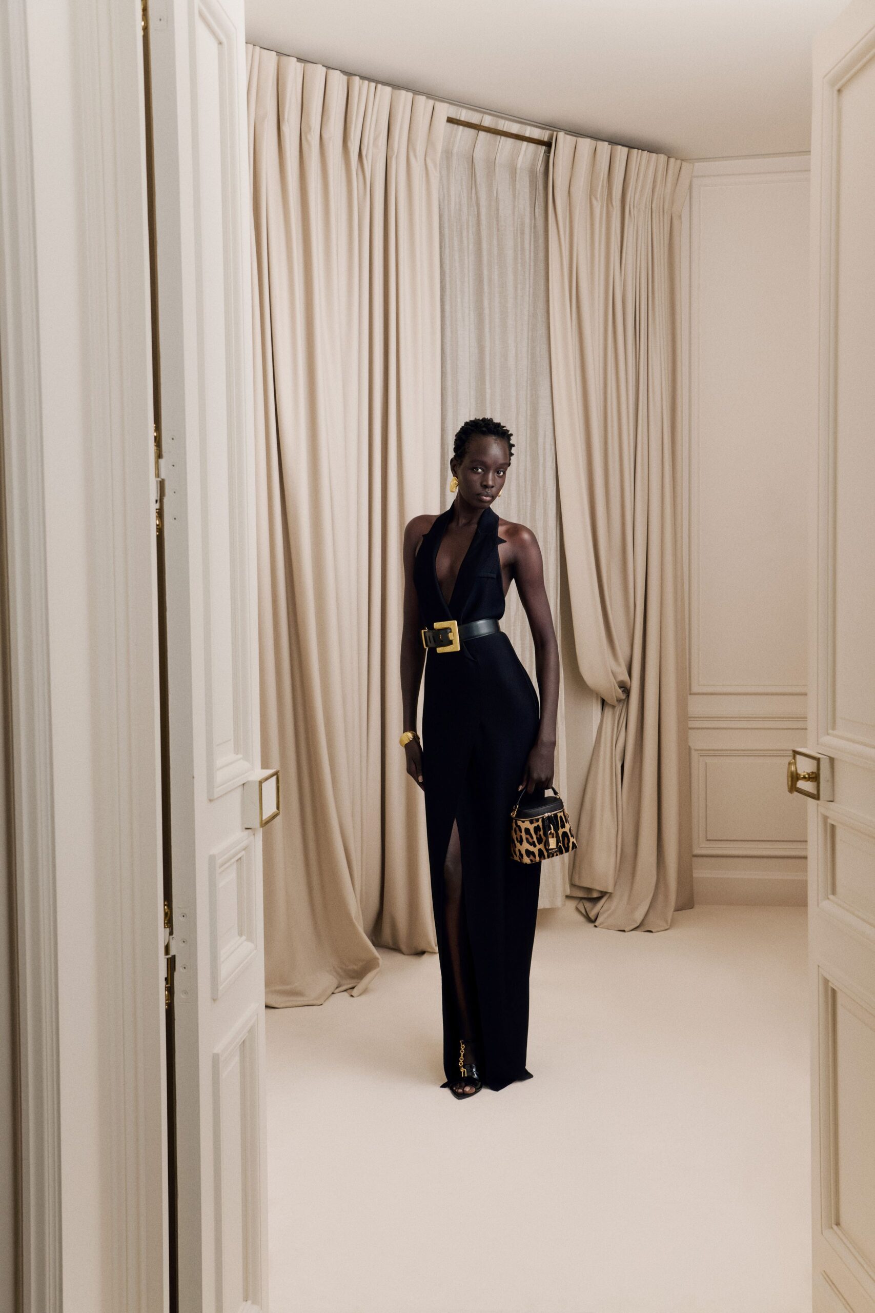 black silk sleeveless v-neck fitted belted maxi gown