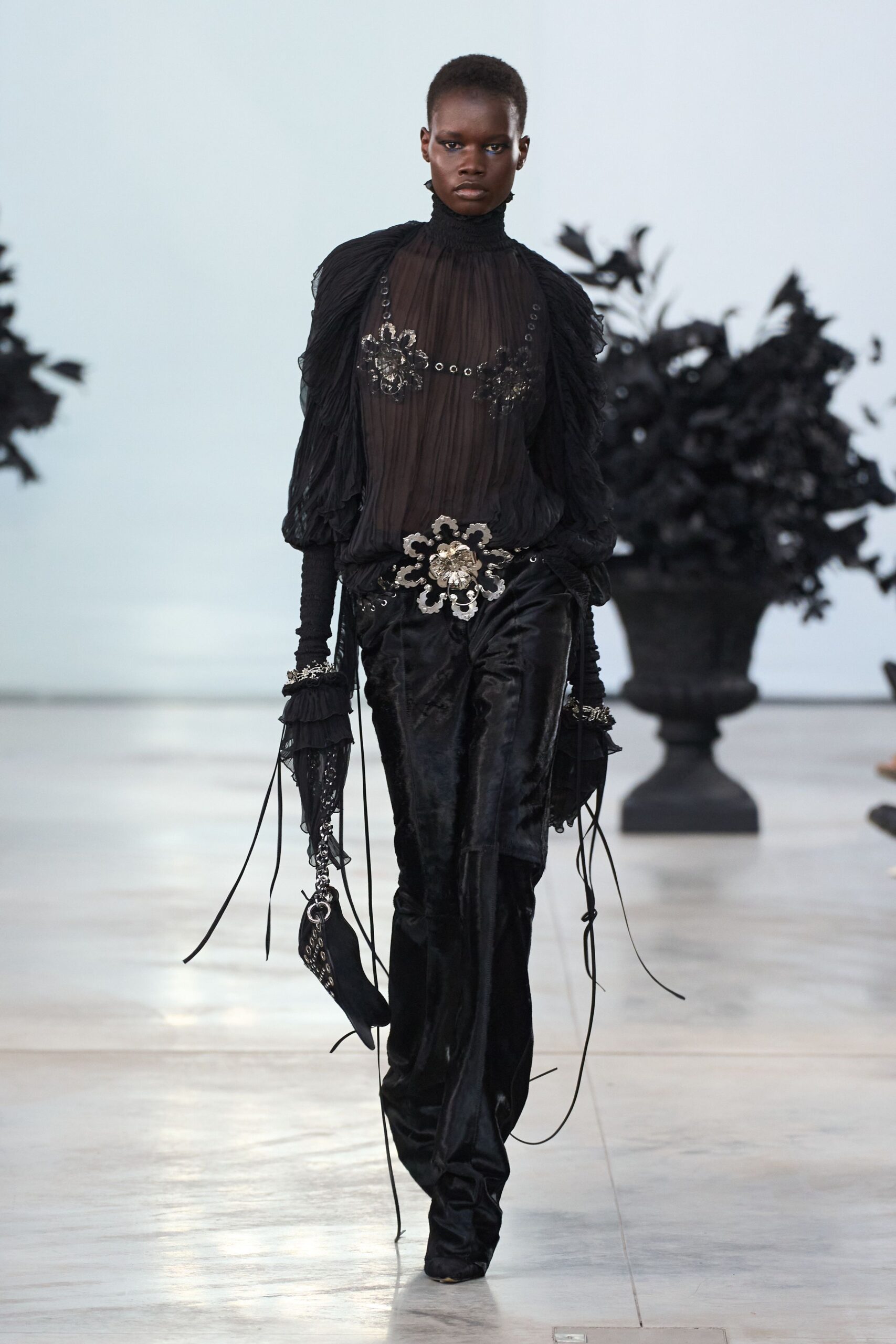 black velvet fitted straight-leg shiny pants