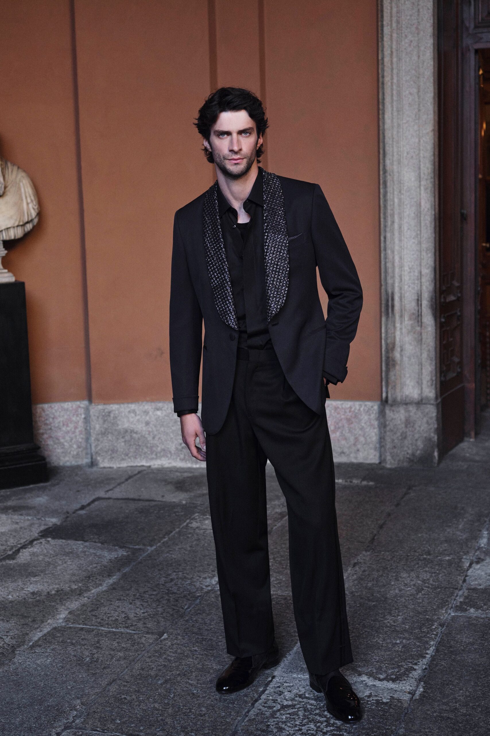 black tailored suit with shirt