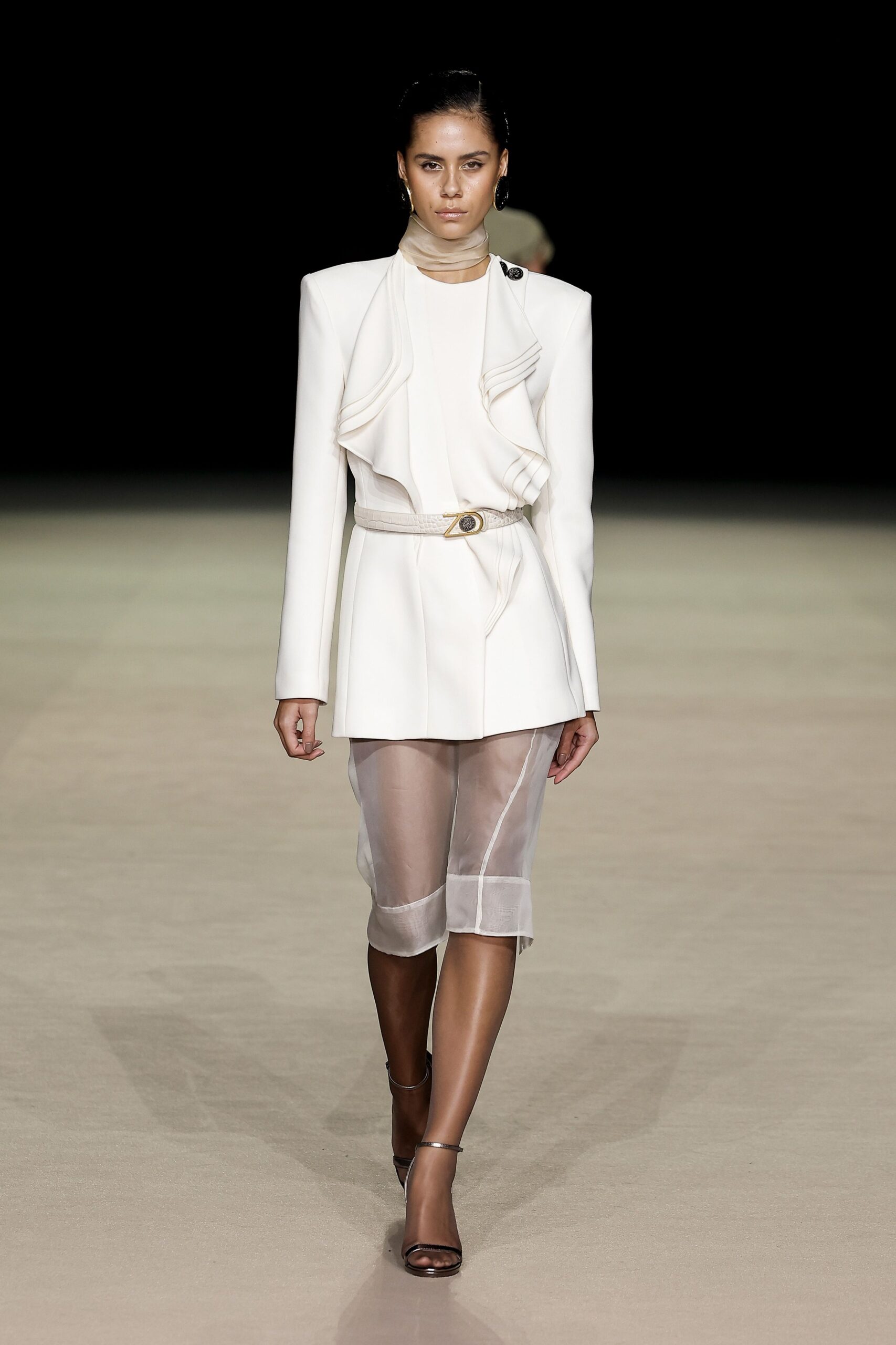 white silk long-sleeve collared structured draped buttoned blazer
