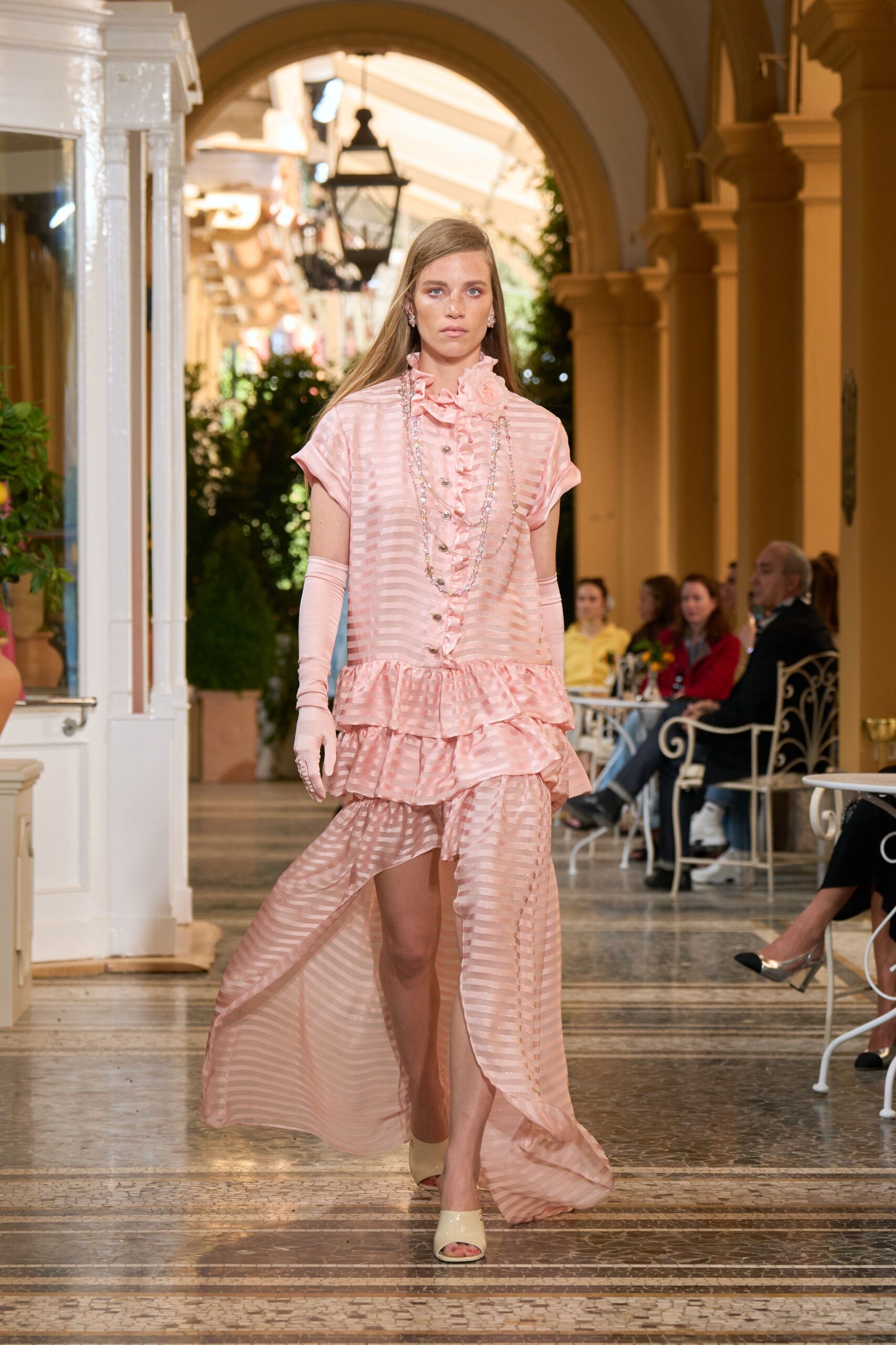 pink silk short-sleeve high-neck relaxed buttoned striped dress