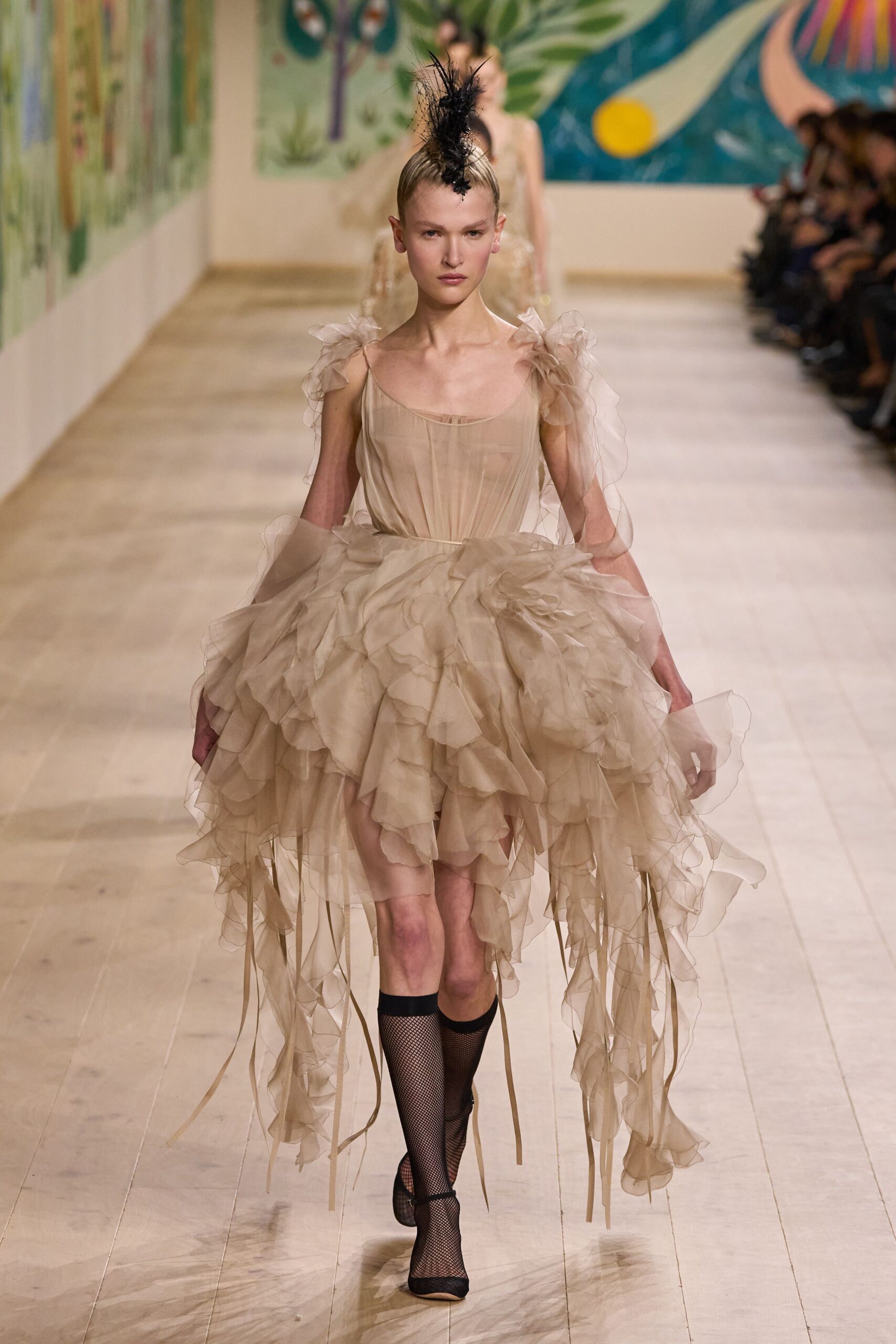 beige tulle sleeveless v-neck fitted tiered ruffled dress