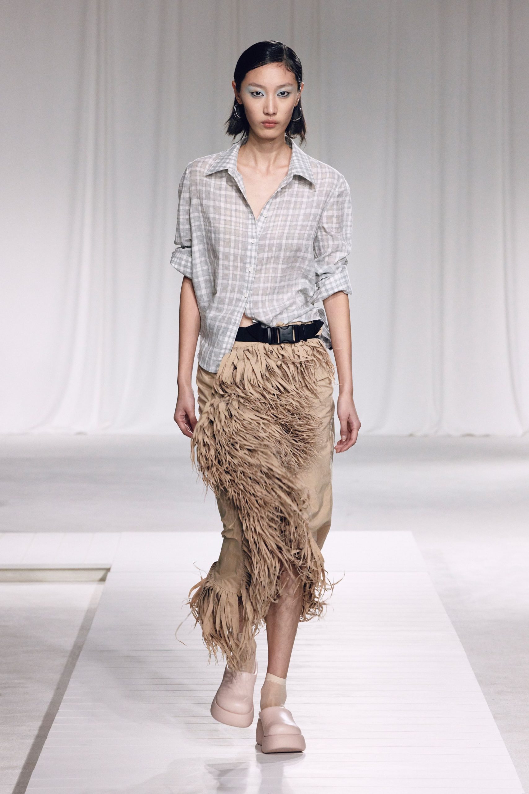 checked shirt beige fringed skirt