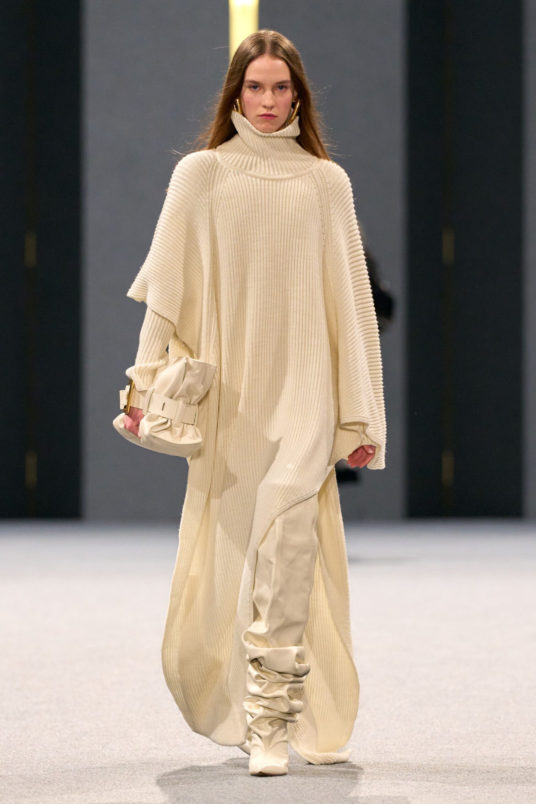 white knit long-sleeve high-neck relaxed layered maxi dress