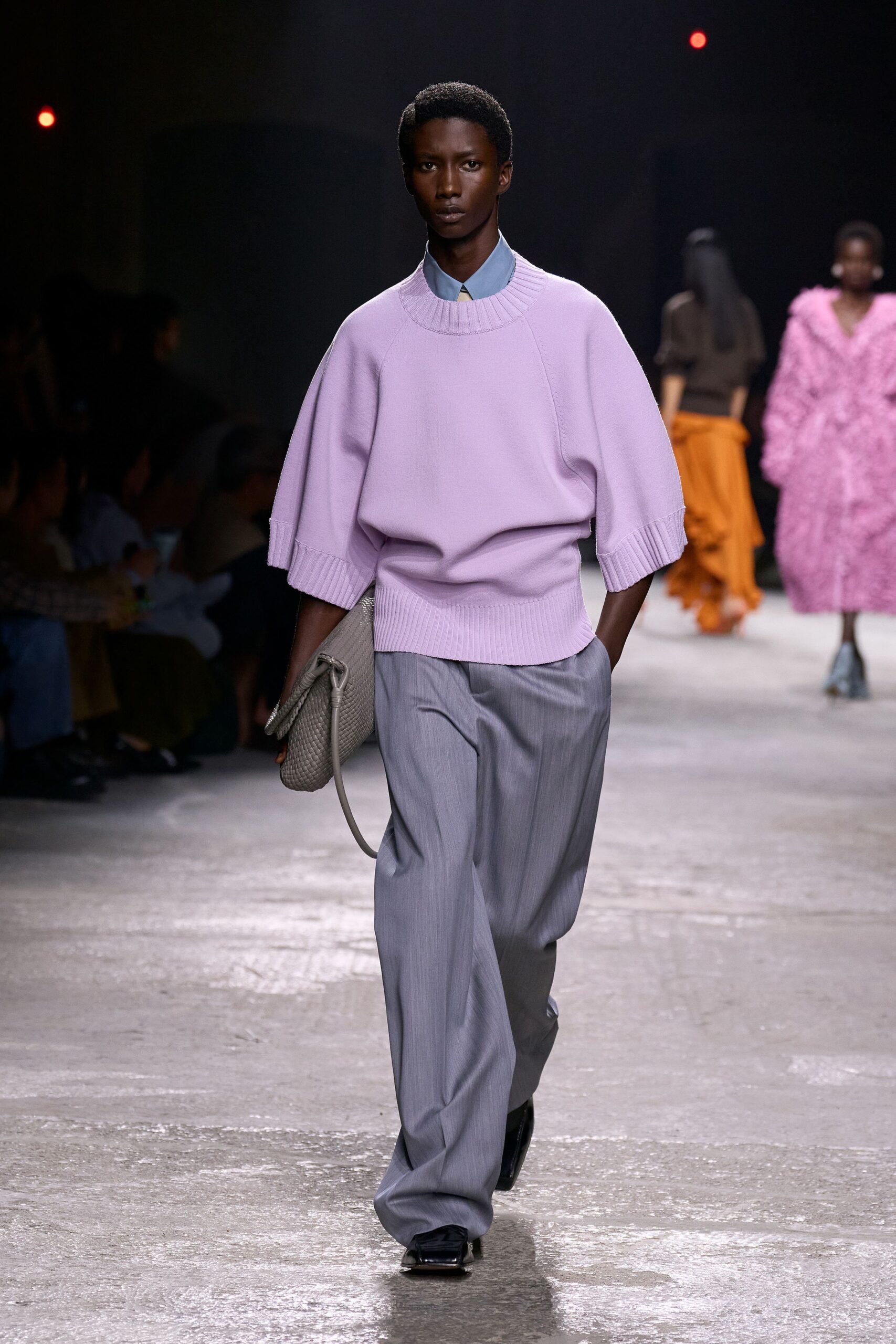 lavender relaxed sweater with gray tailored pants