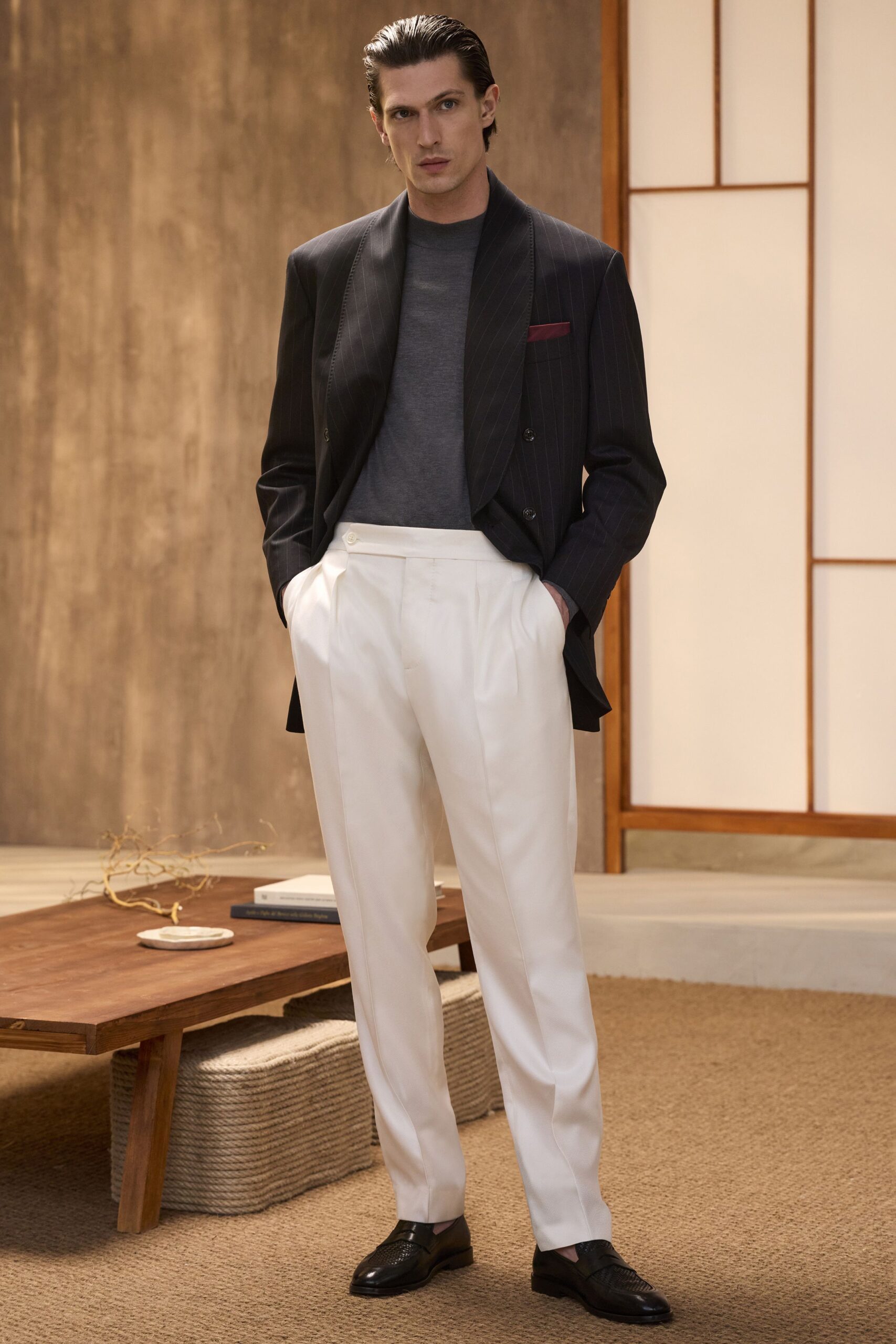 white wool tailored pleated straight-leg pants