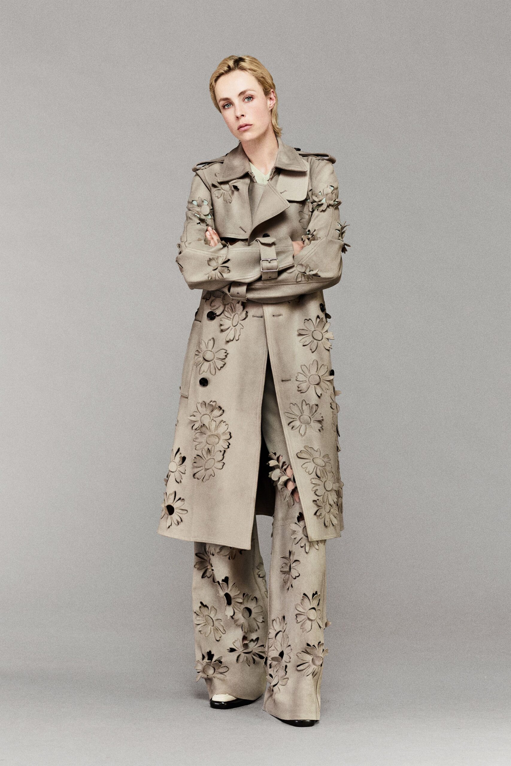 beige cotton long-sleeve collared relaxed embroidered trench