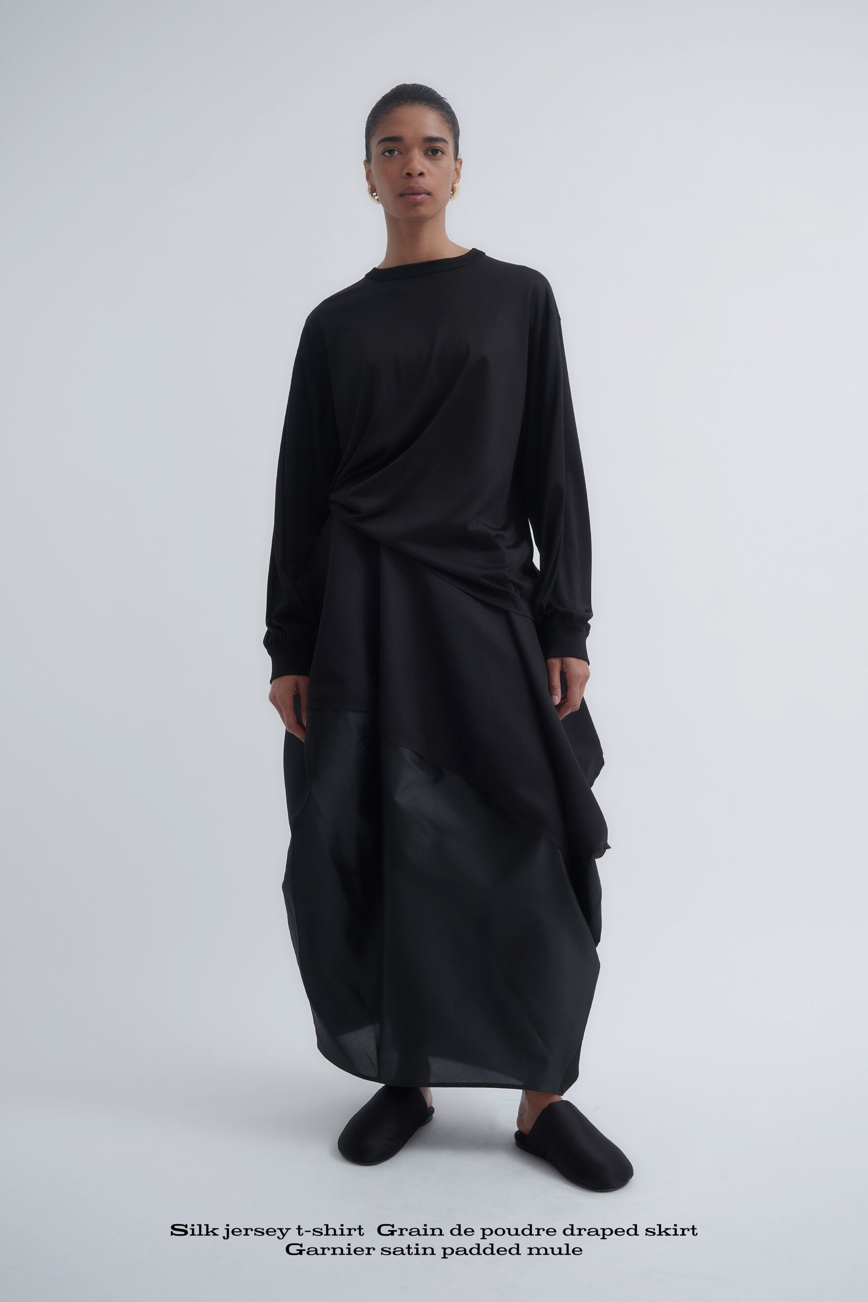 black silk long-sleeve collared relaxed draped top
