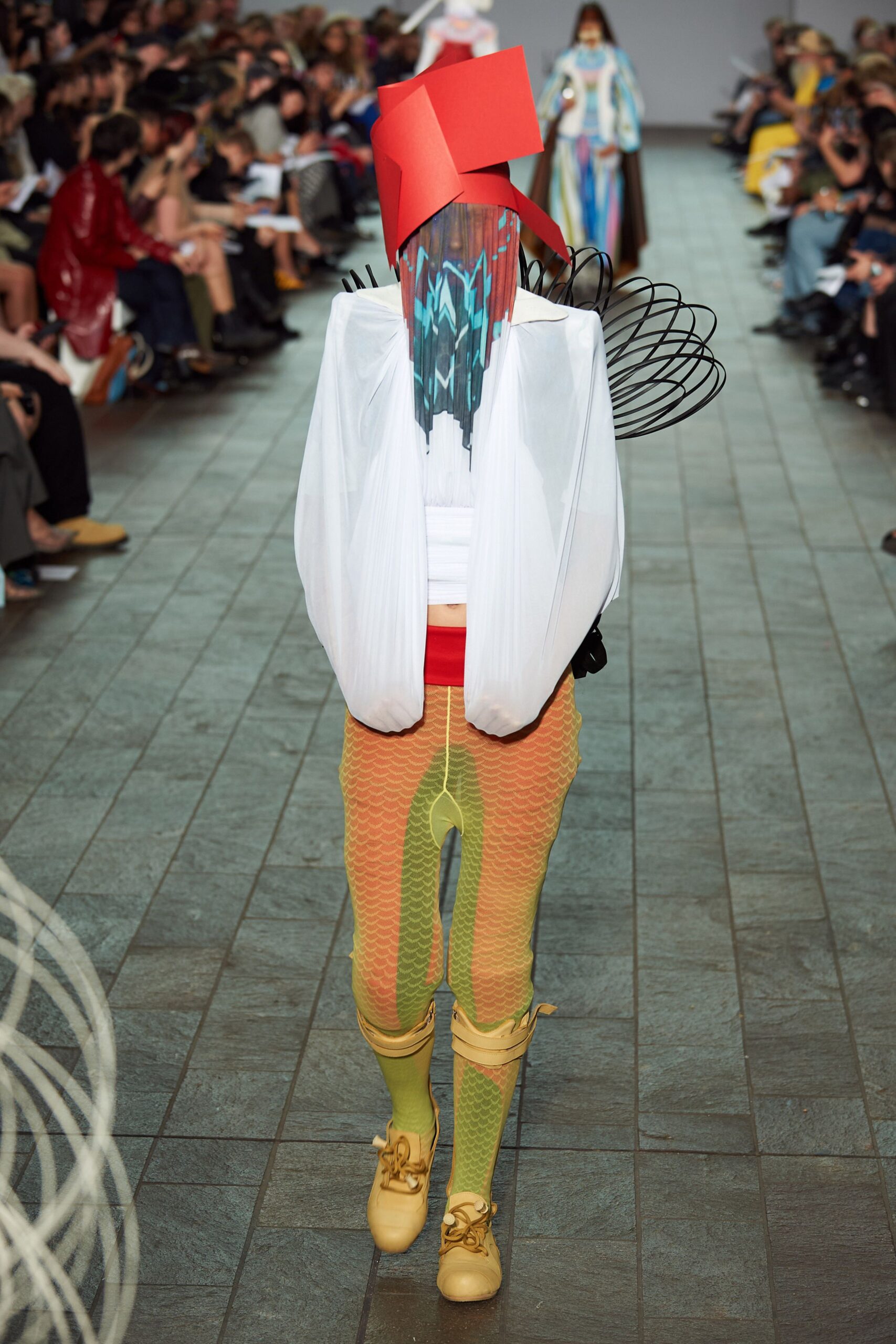 yellow mesh fitted flared pants