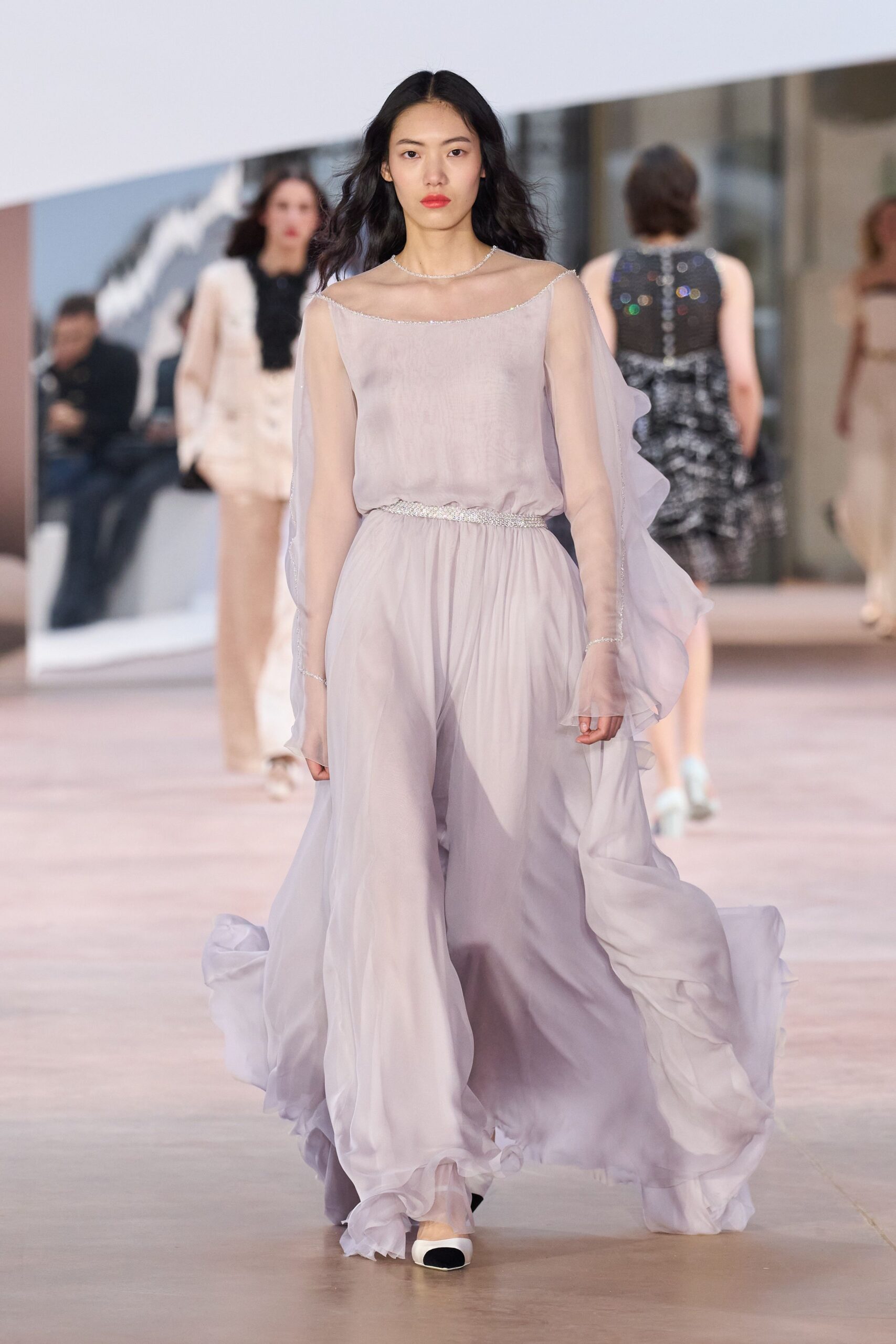 lavender silk off-shoulder gown