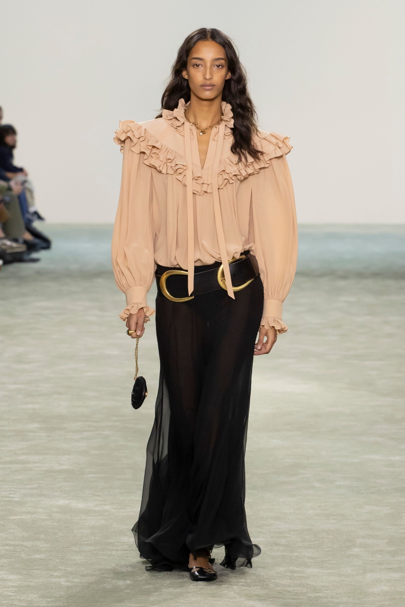 beige silk long-sleeve collared fitted ruffled blouse
