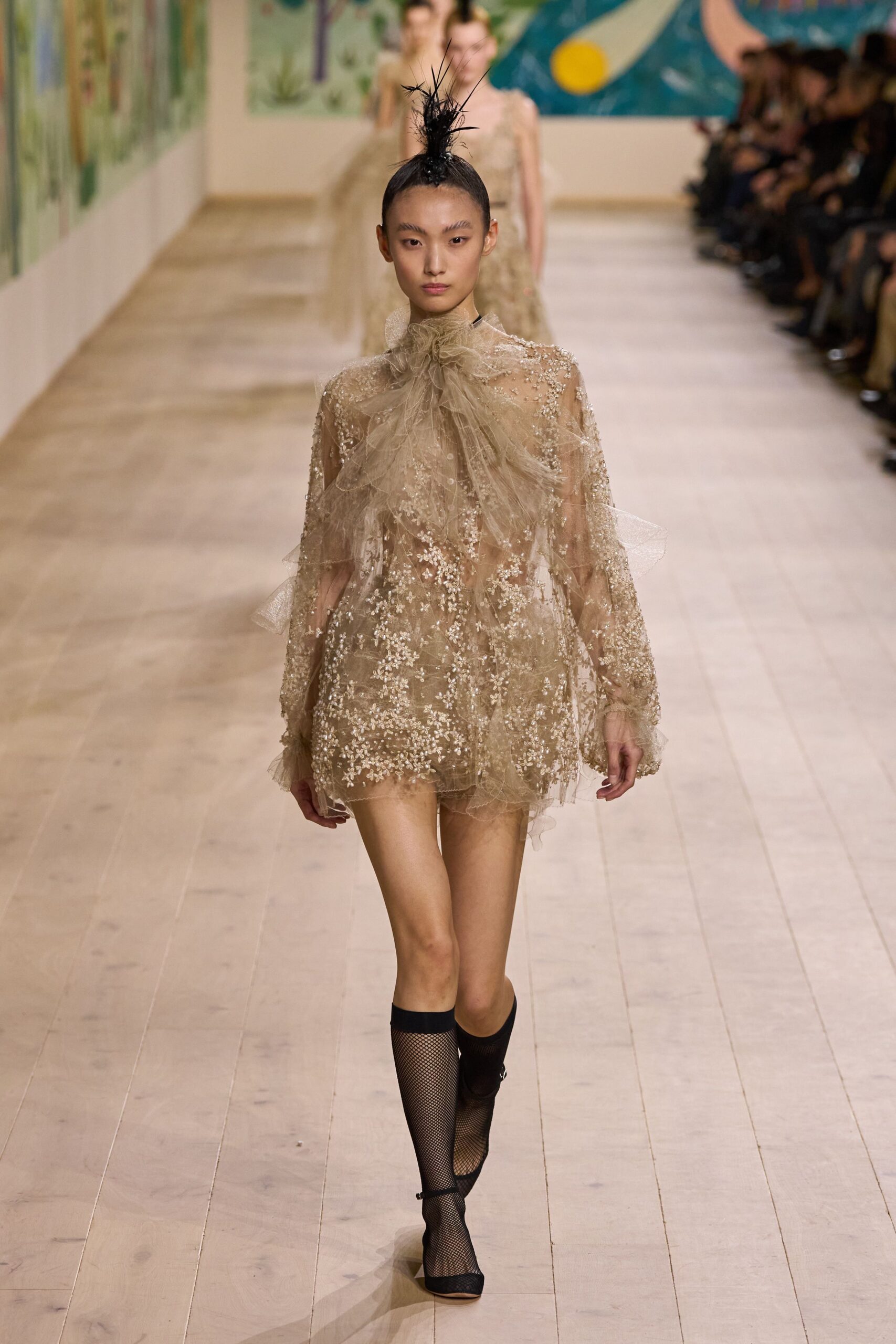 beige lace long-sleeve high-neck fitted ruffled dress