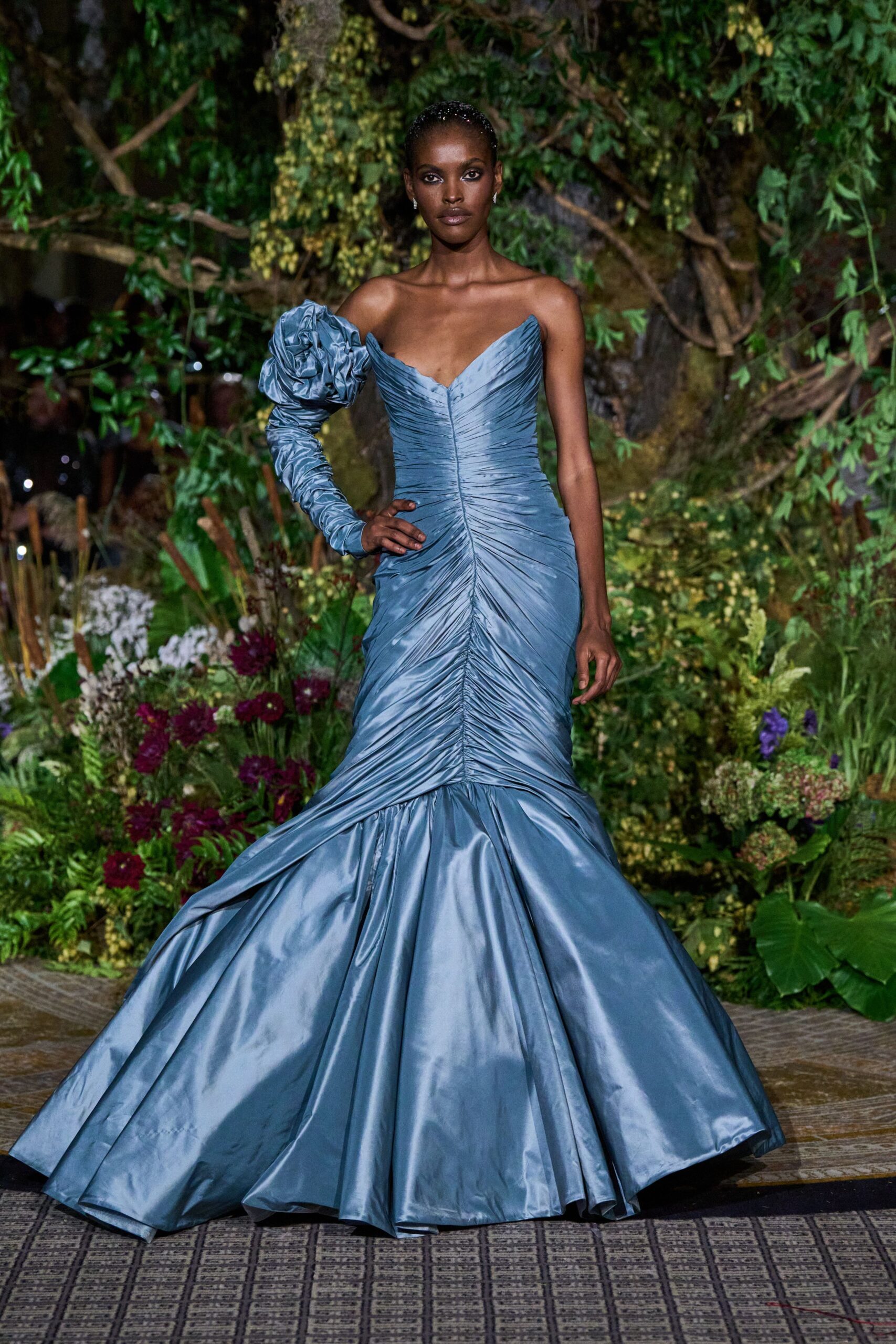 blue silk fitted gown