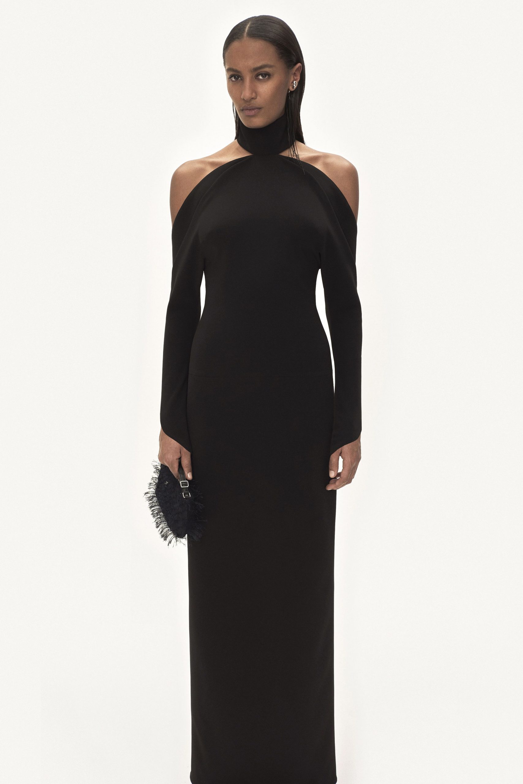black silk off-shoulder gown