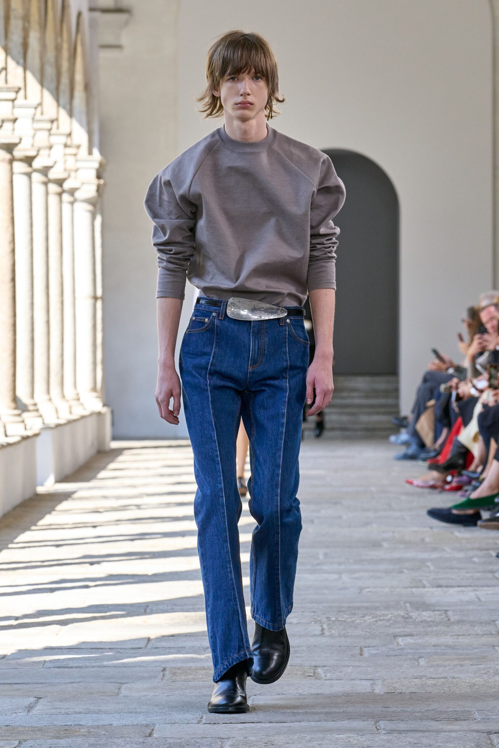 gray cotton long-sleeve collared relaxed padded sweater
