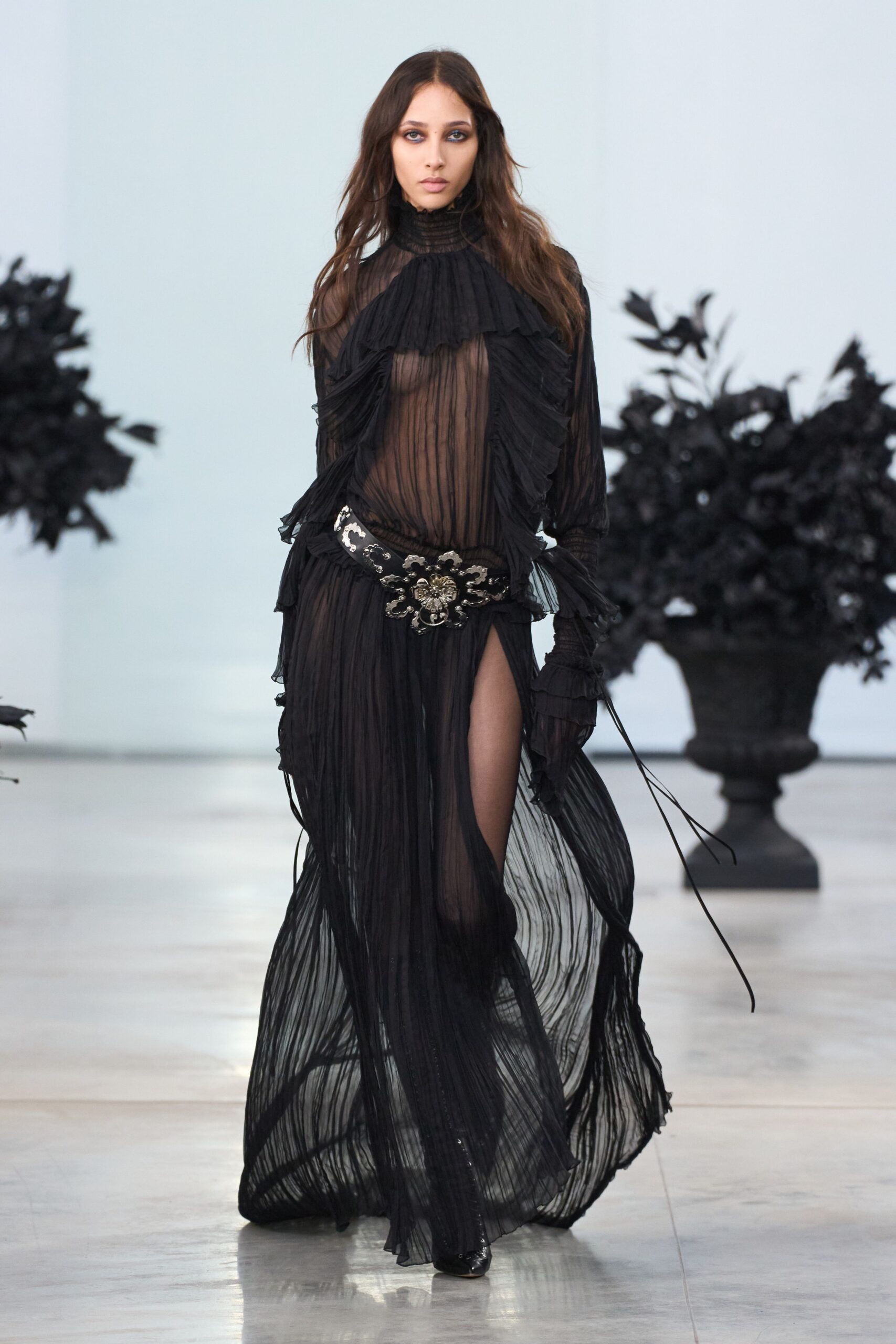 black chiffon long-sleeve high-neck fitted pleated draped gown