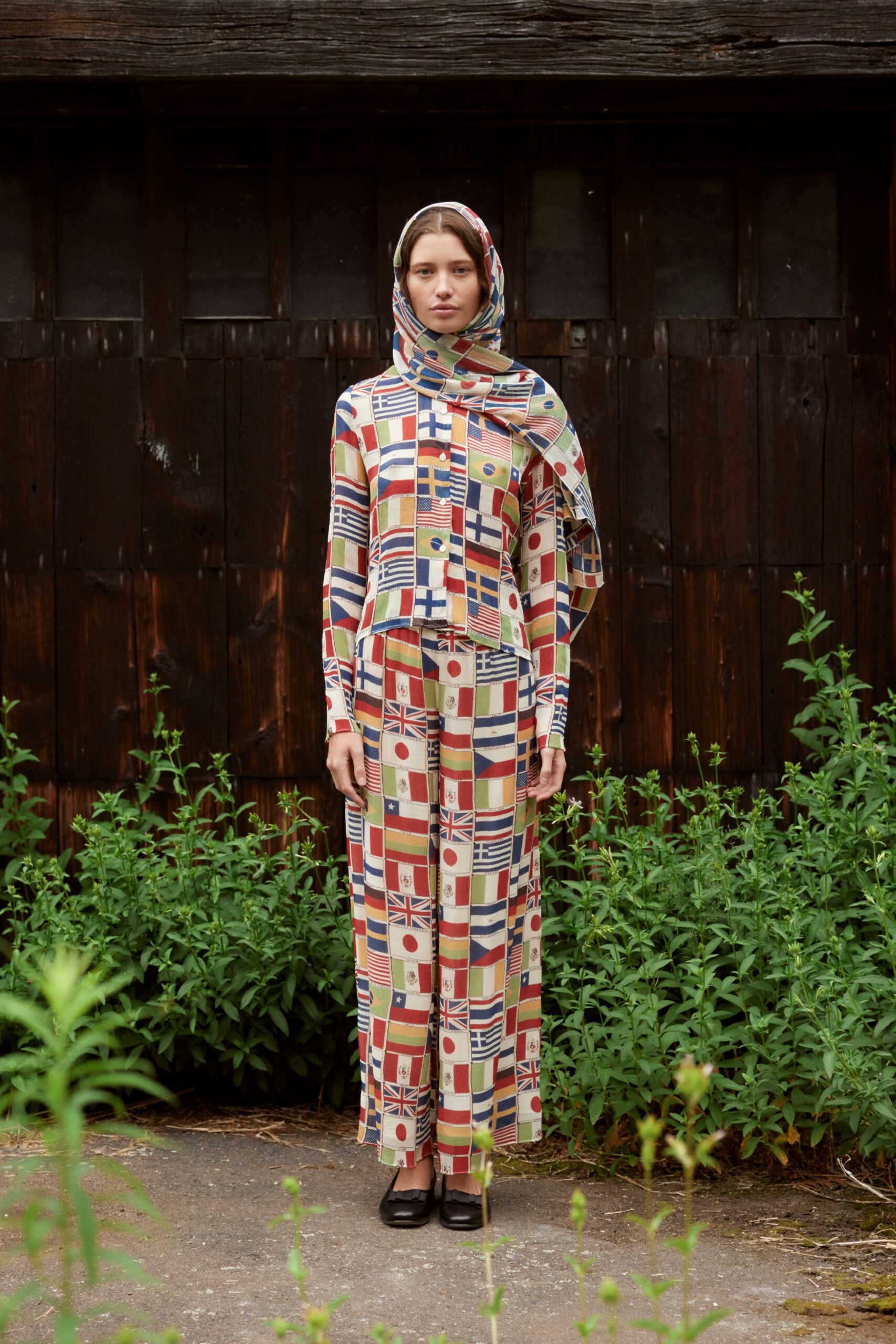 multi cotton long-sleeve collared fitted printed maxi dress