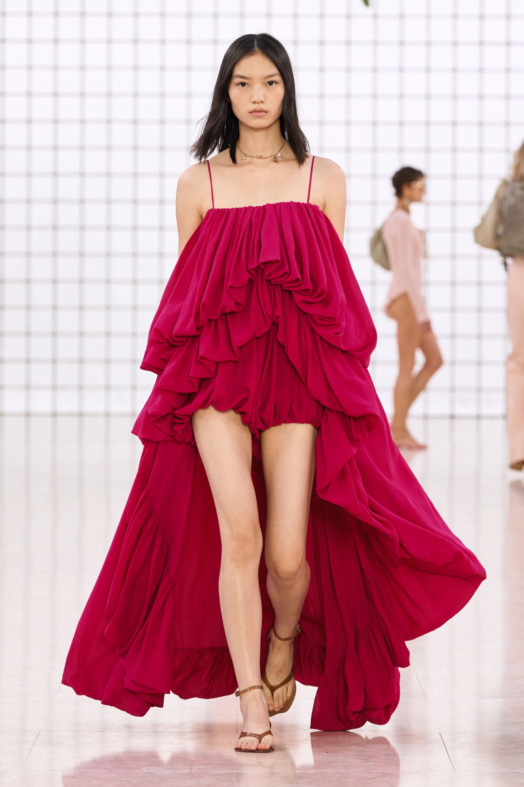 pink ruffled maxi dress with sandals