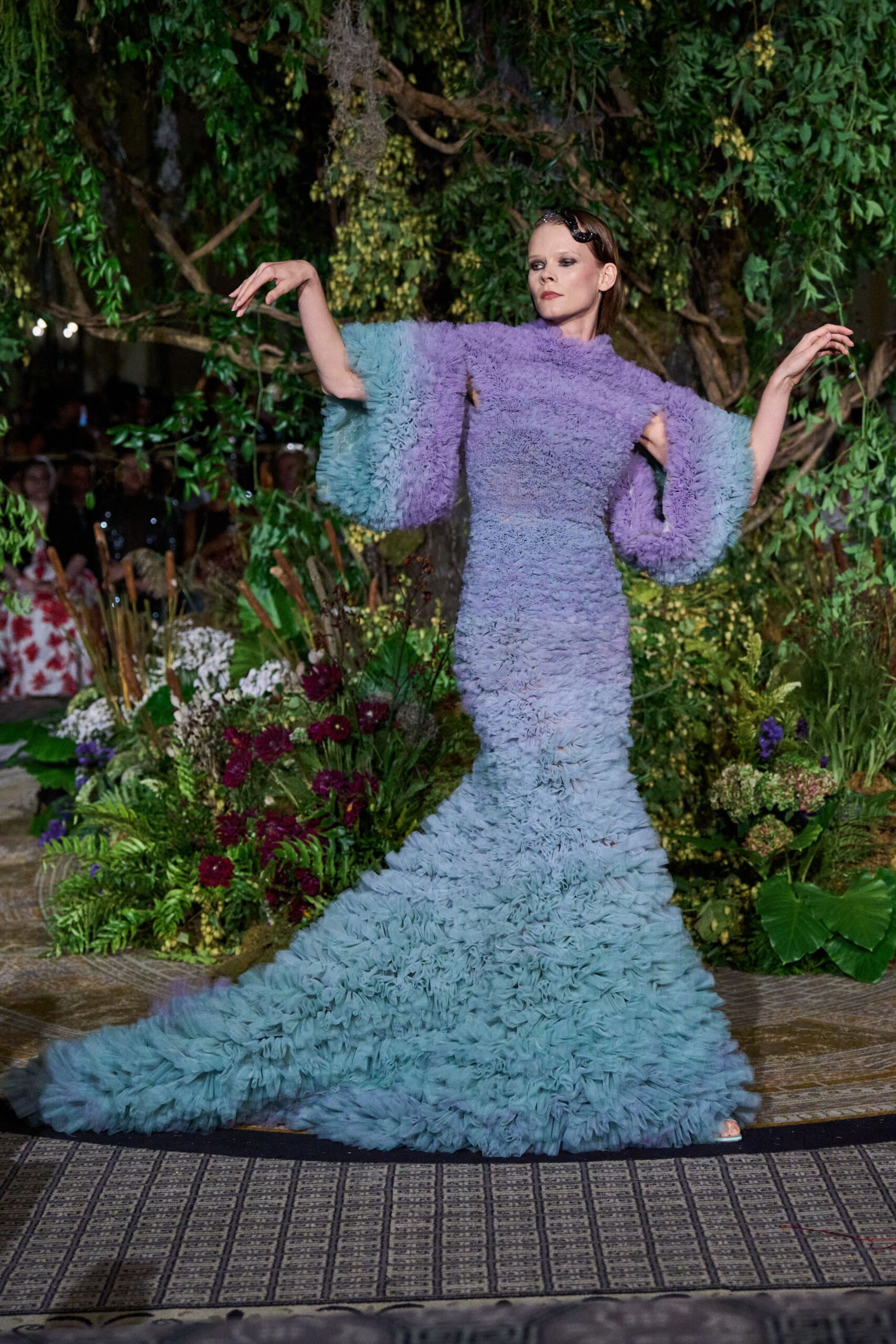 purple blue ruffled gown