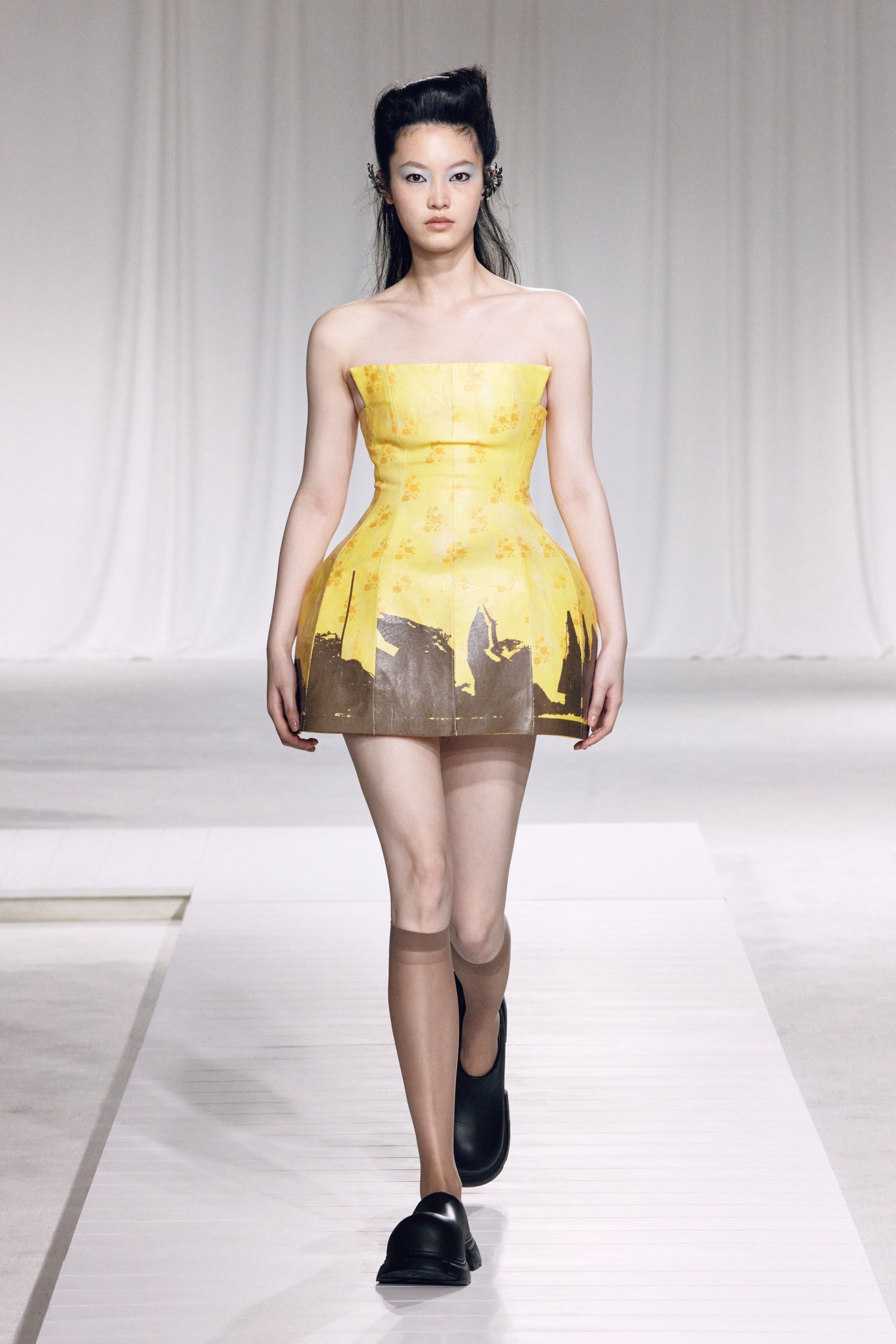 yellow silk strapless fitted pleated flared mini dress
