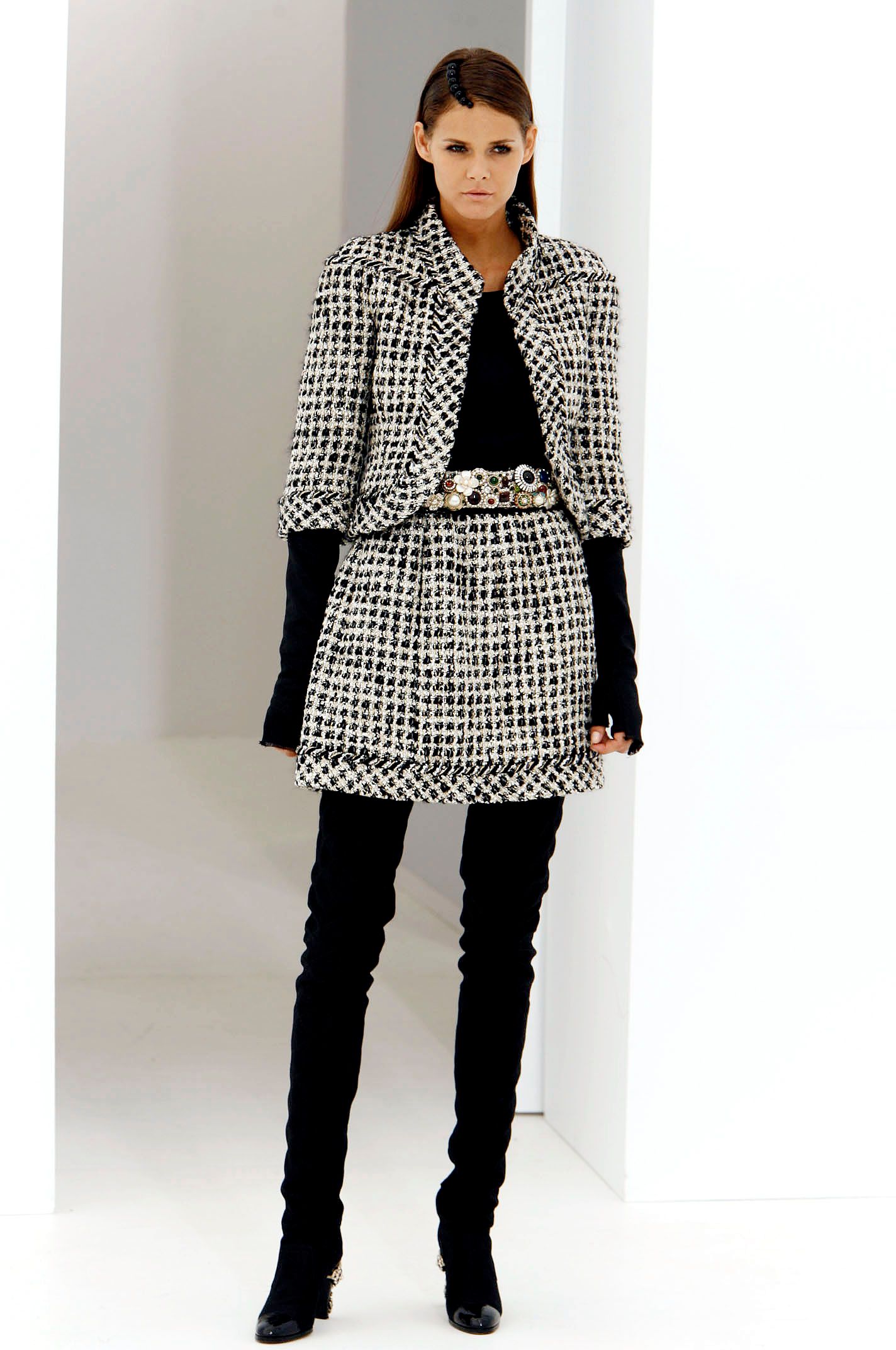 white tweed checked belted textured mini skirt