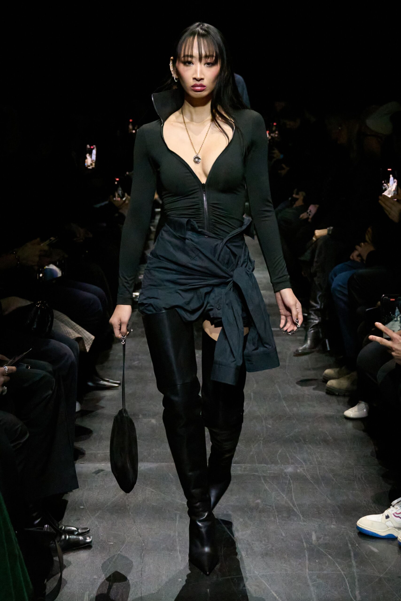 black fitted bodysuit with skirt