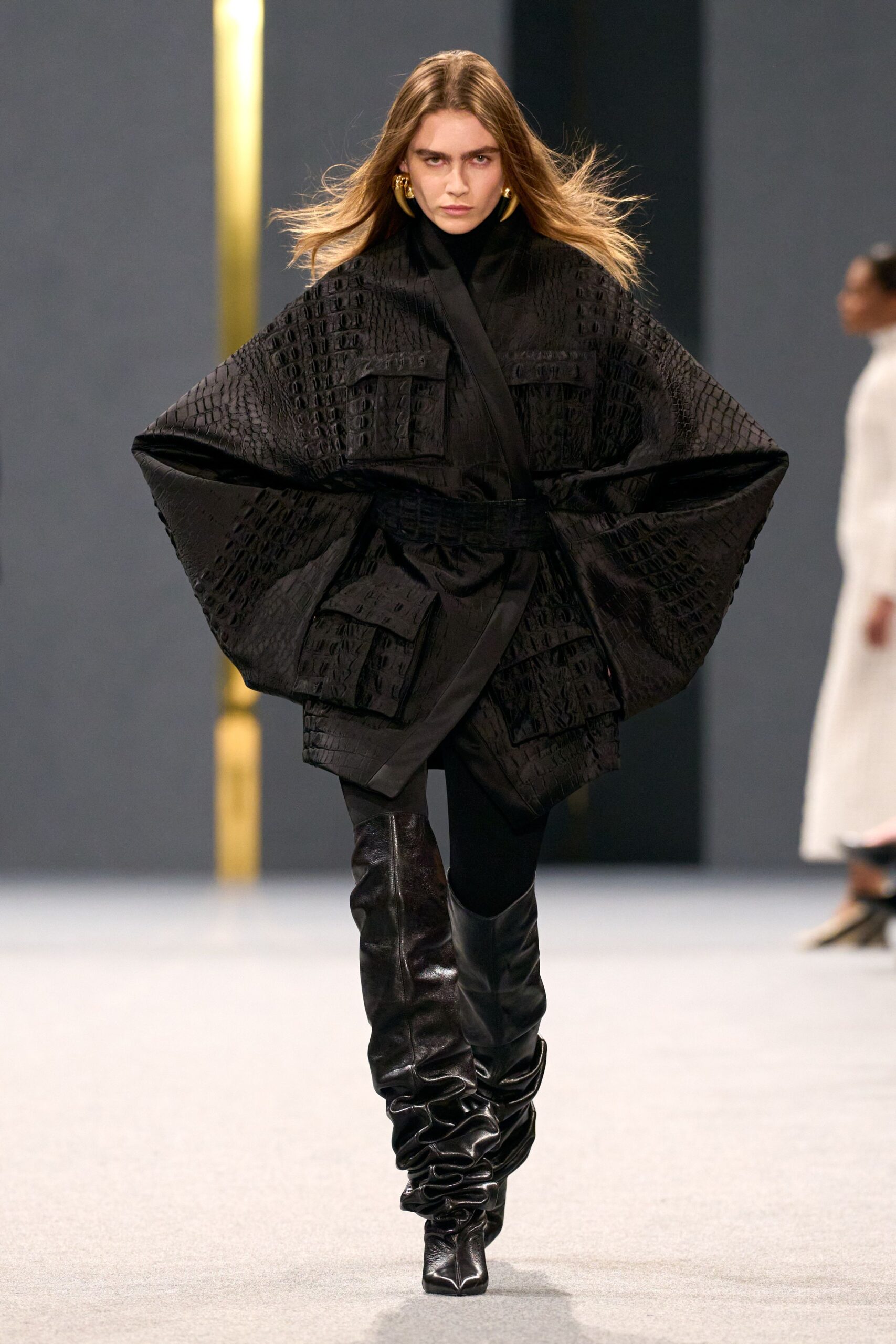 black silk long-sleeve collared relaxed pleated cape