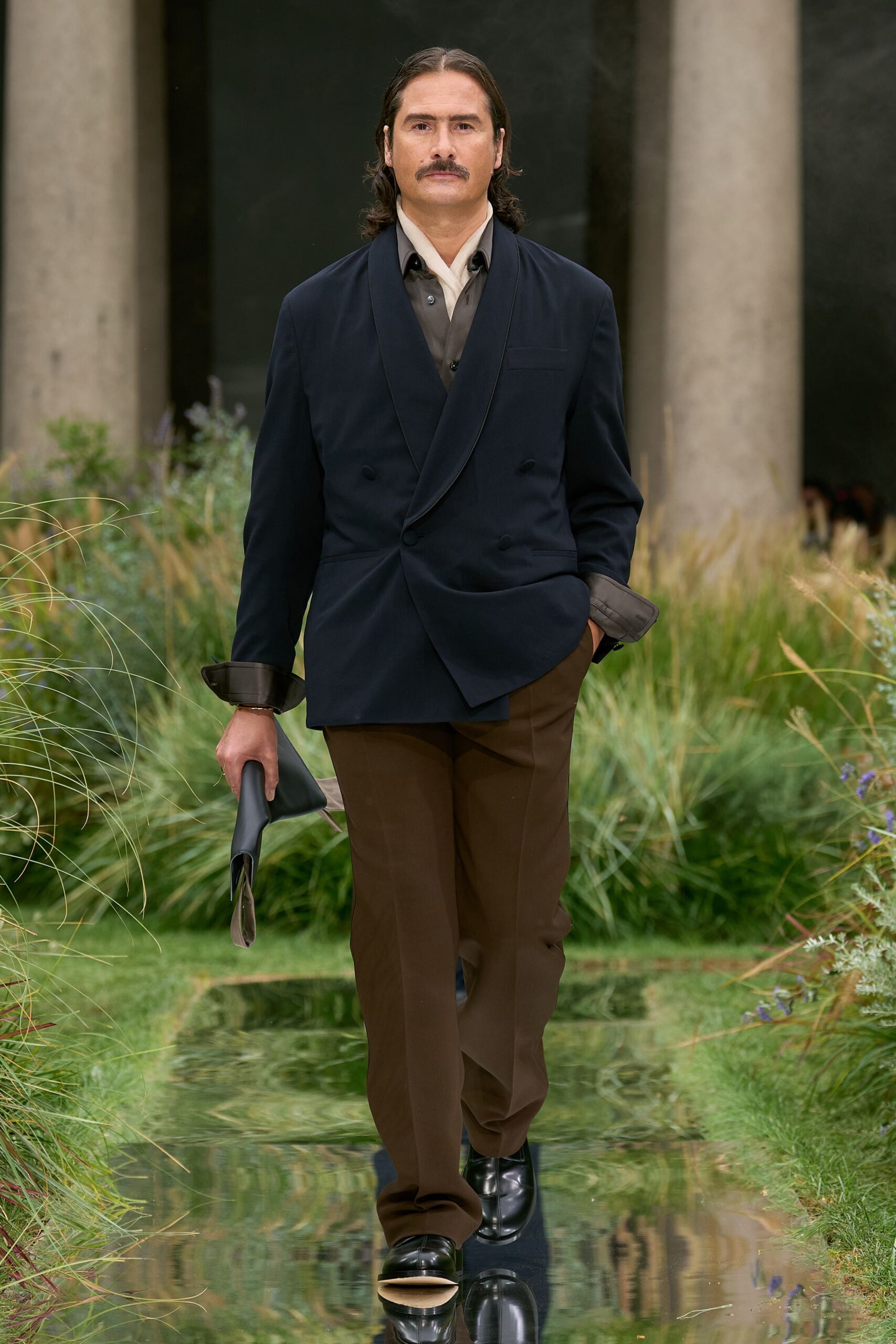 black blazer beige shirt brown pants