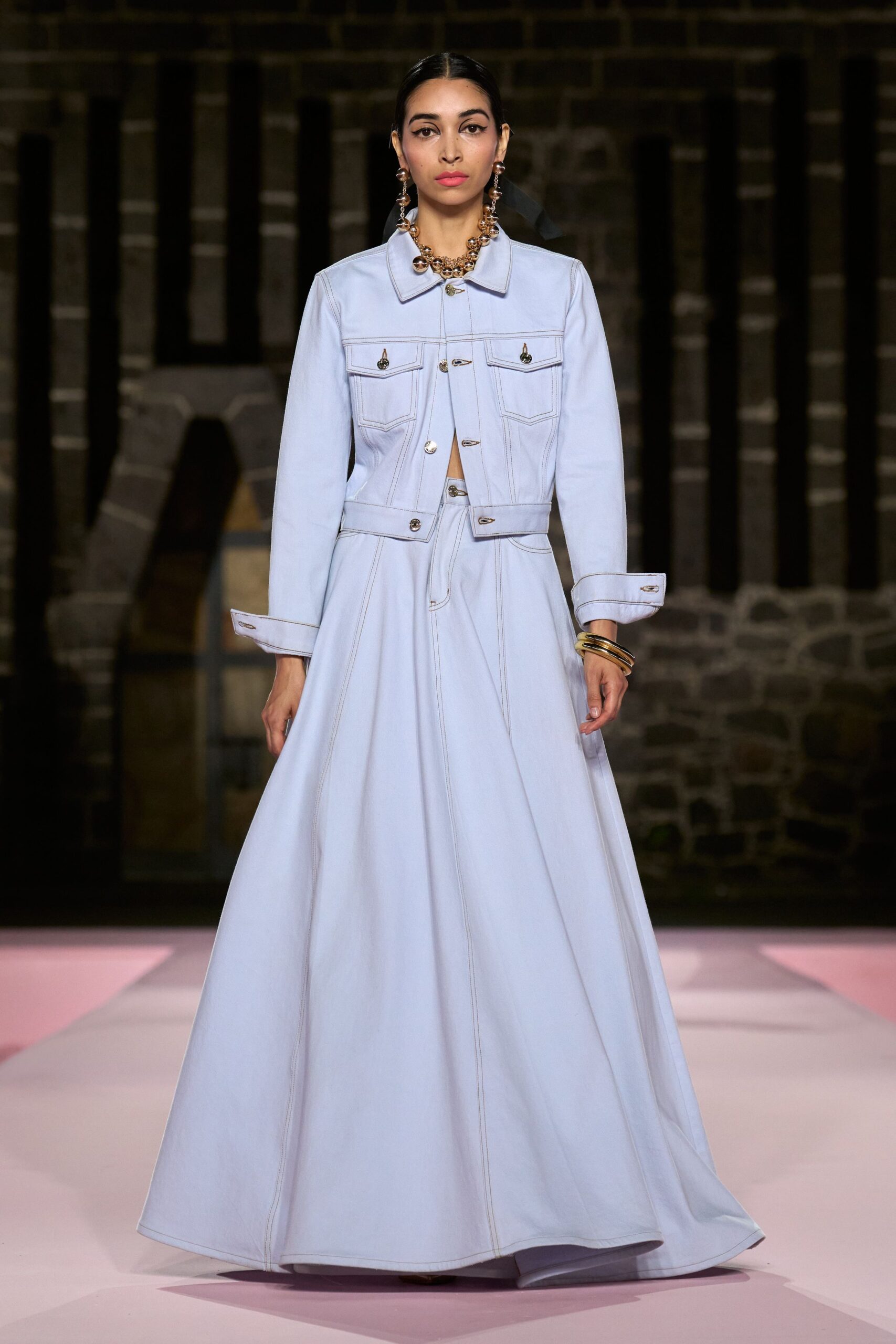 blue denim fitted high-waisted a-line maxi skirt