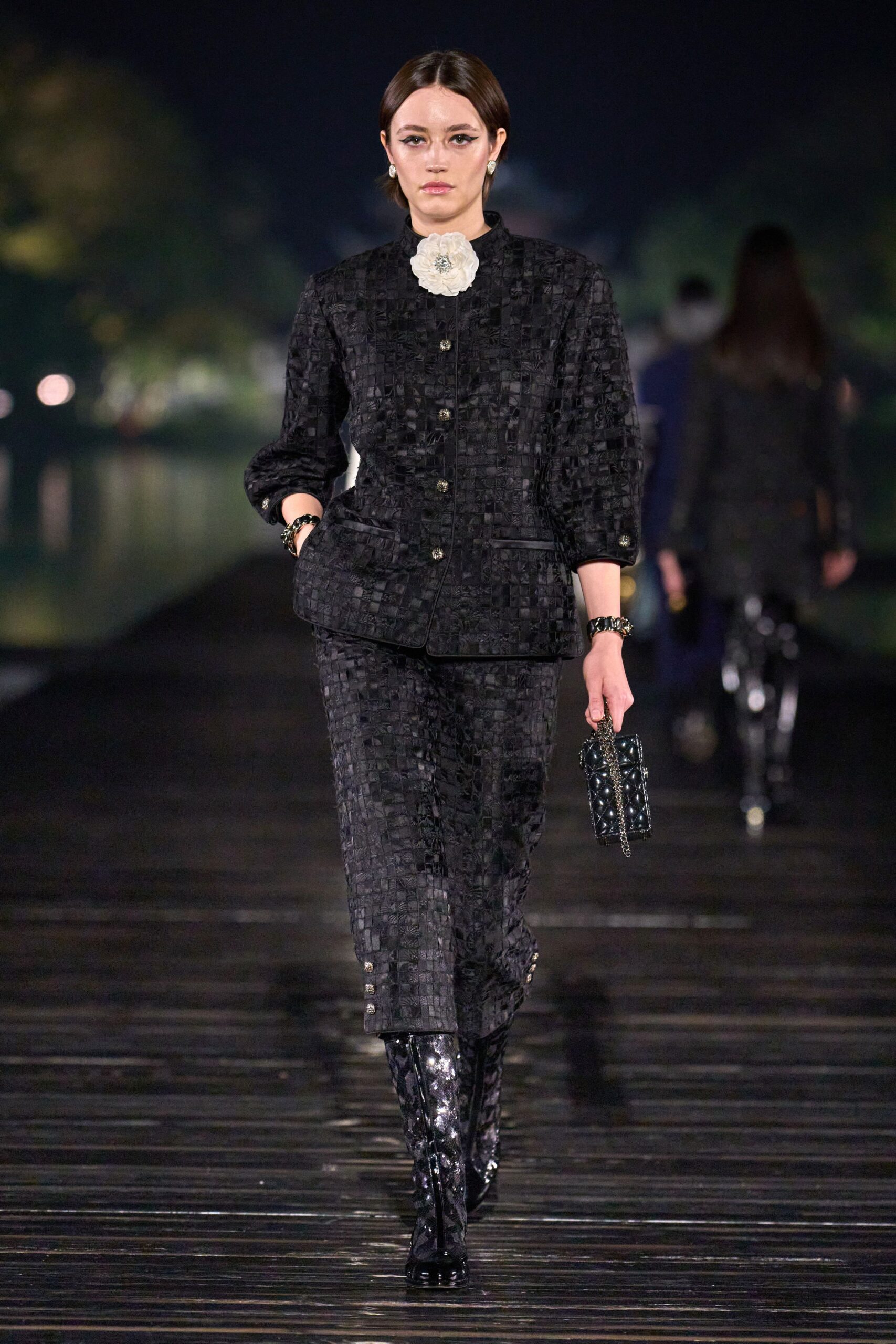 black tweed blazer and pants