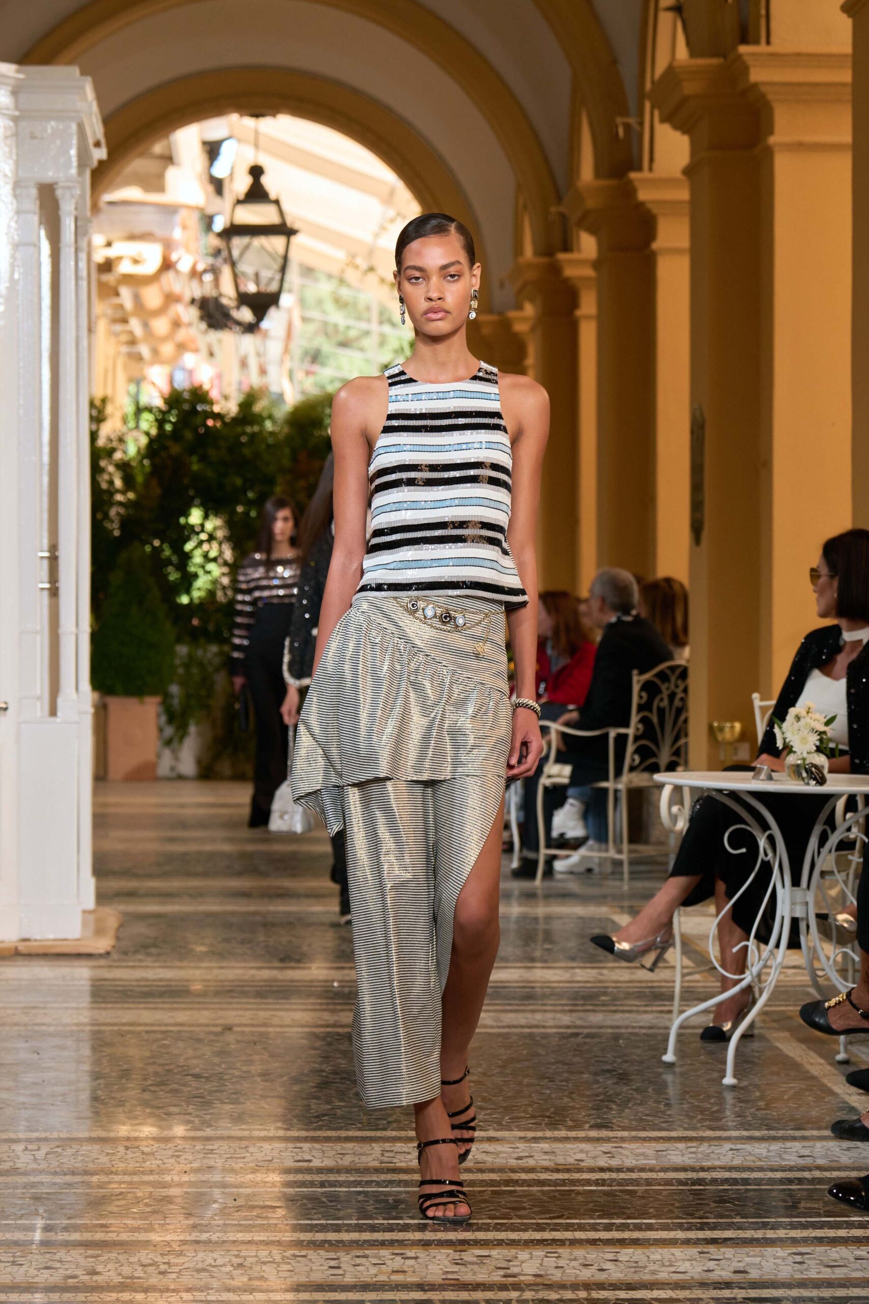 white silk asymmetric relaxed striped layered skirt