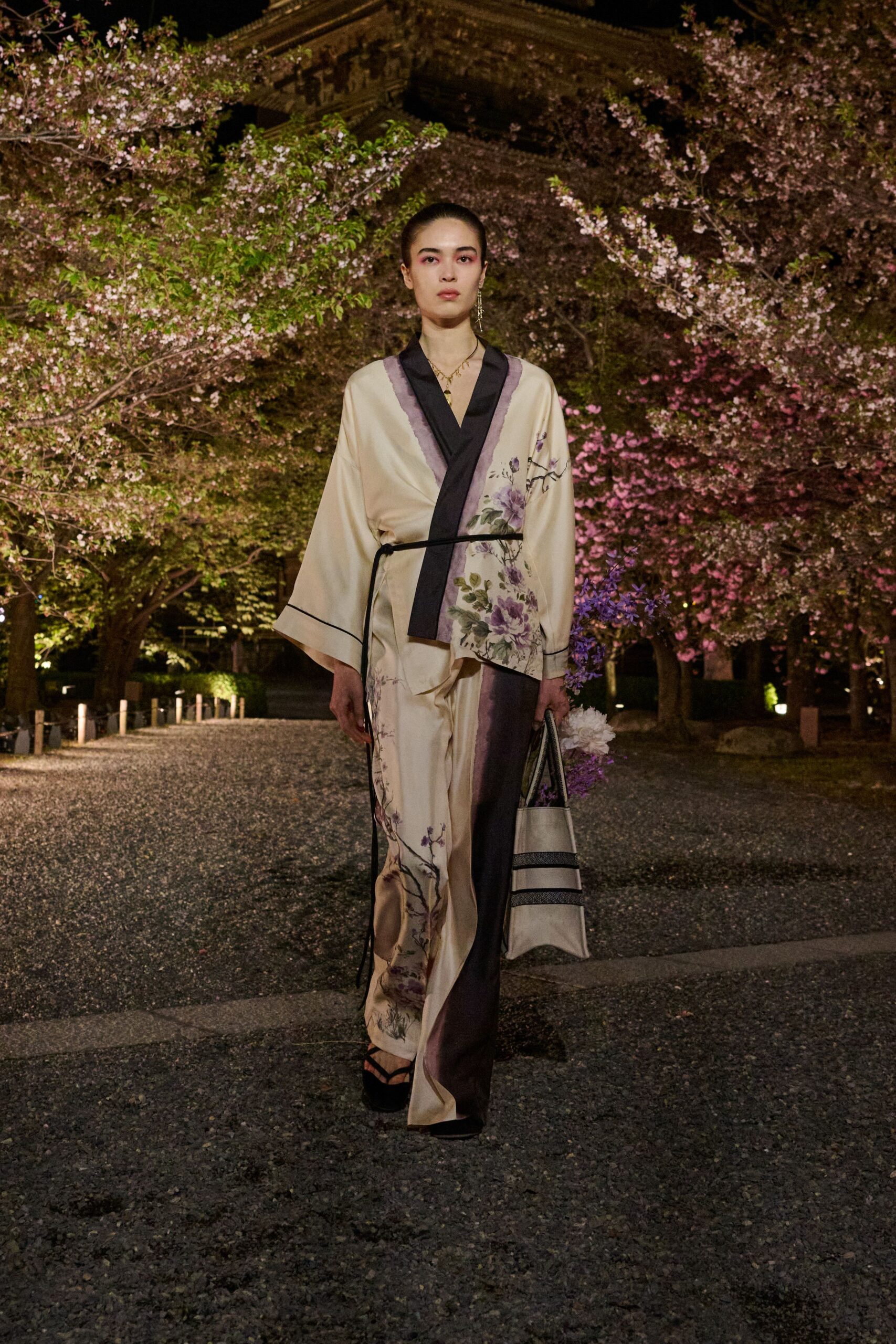 beige silk long-sleeve v-neck fitted printed belted dress