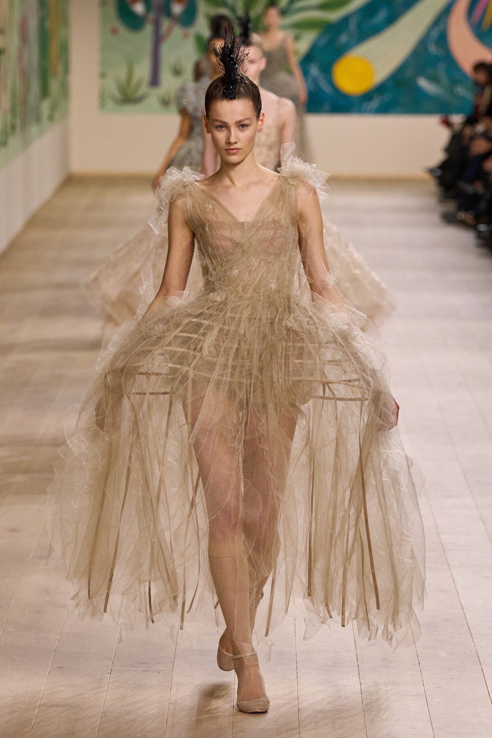 beige tulle sleeveless v-neck fitted layered ruffled gown