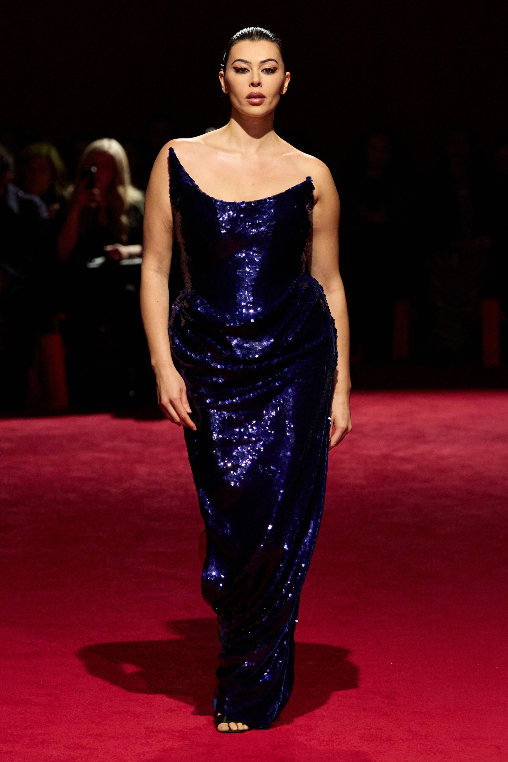 blue sequin sleeveless v-neck fitted draped shiny gown