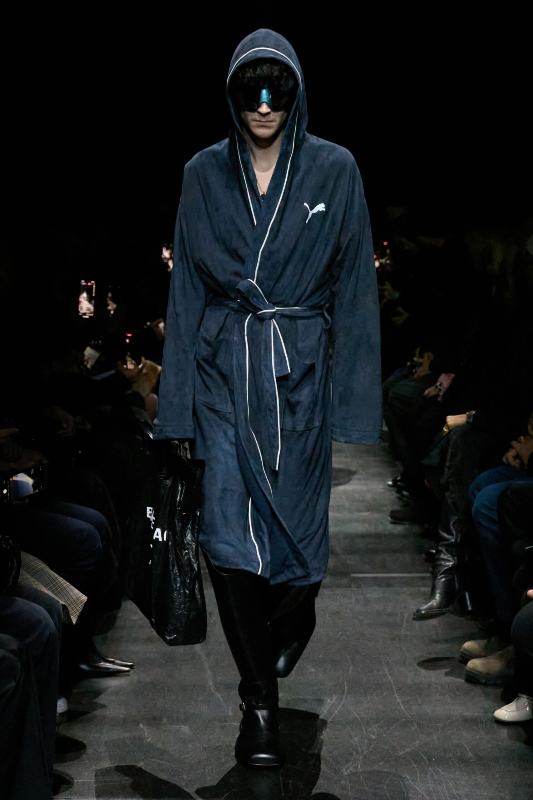 blue robe with black pants