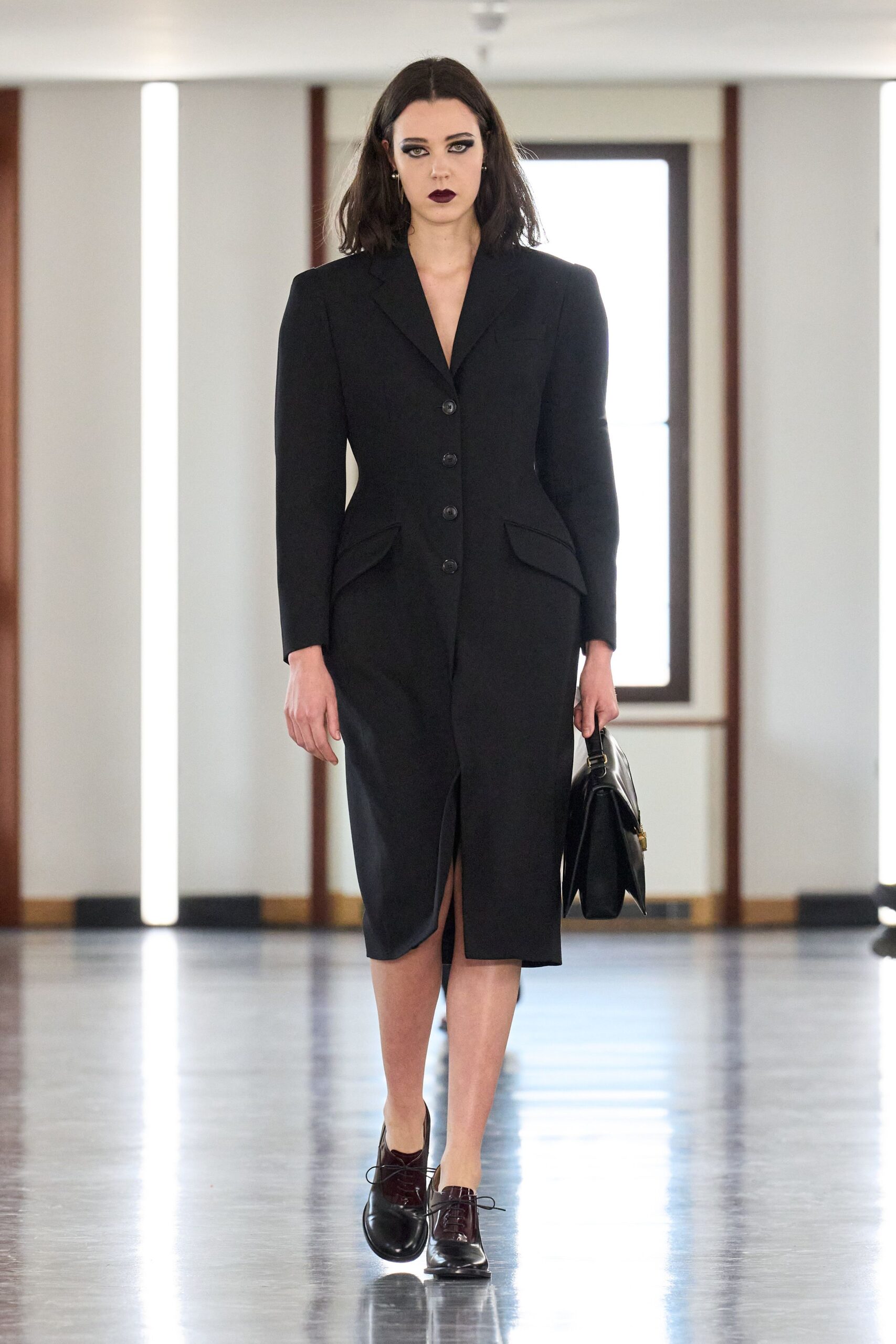 black wool long-sleeve collared fitted buttoned pencil dress