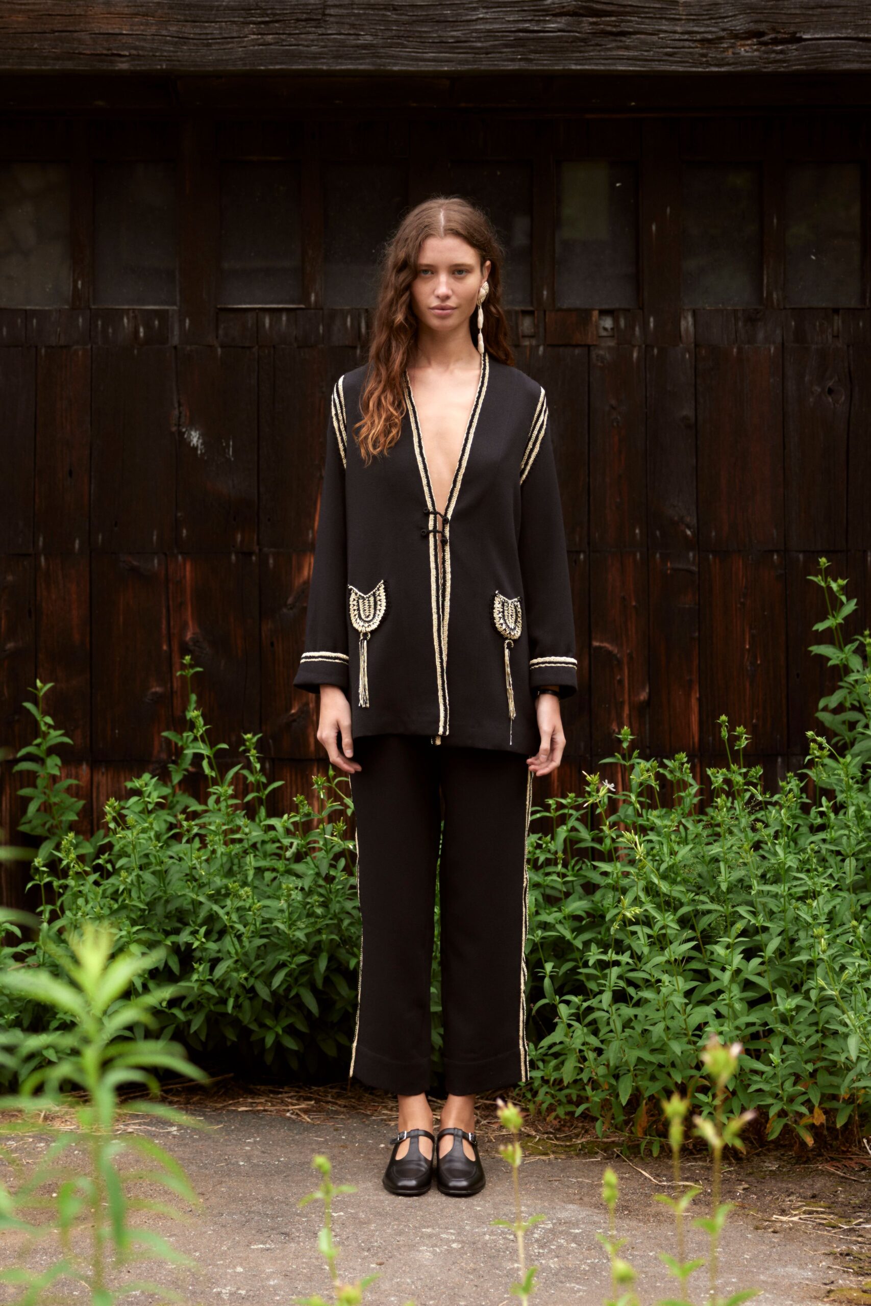 black silk long-sleeve v-neck relaxed embroidered blazer