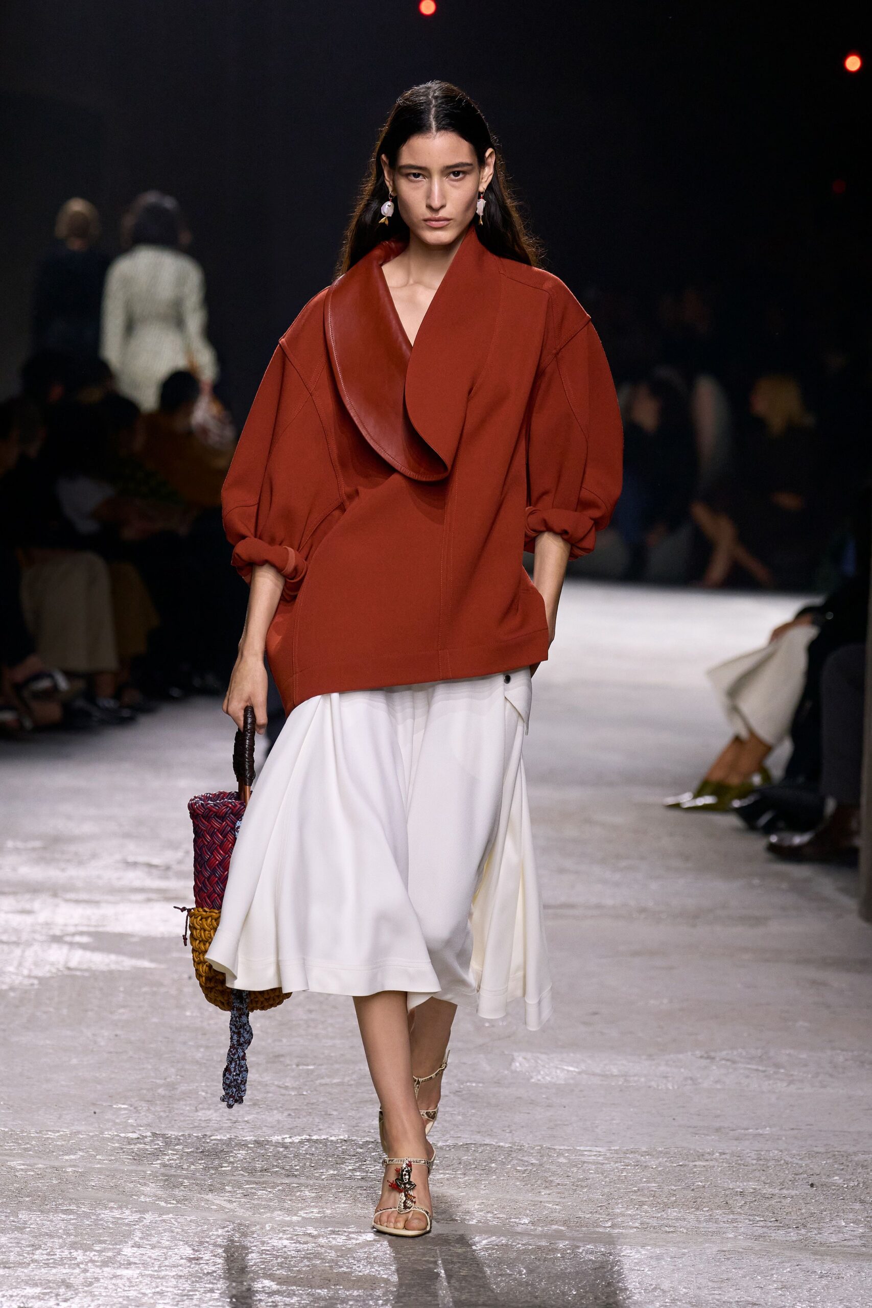 red cotton long-sleeve collared relaxed draped top