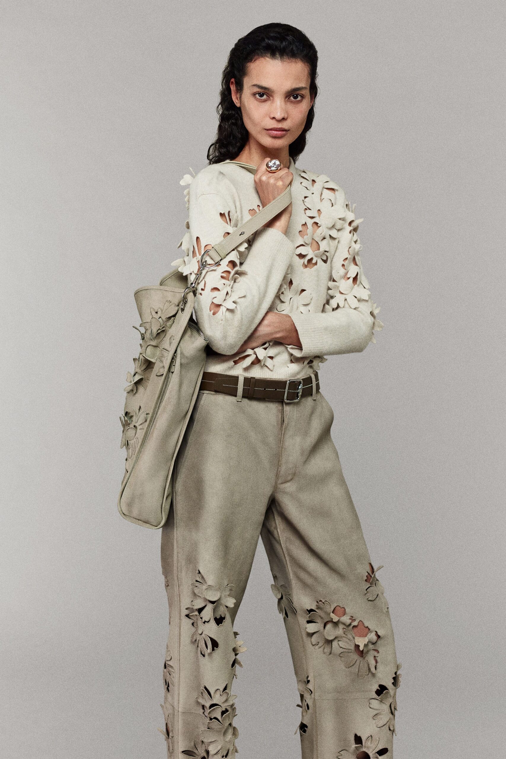 gray cotton relaxed flared embroidered pants